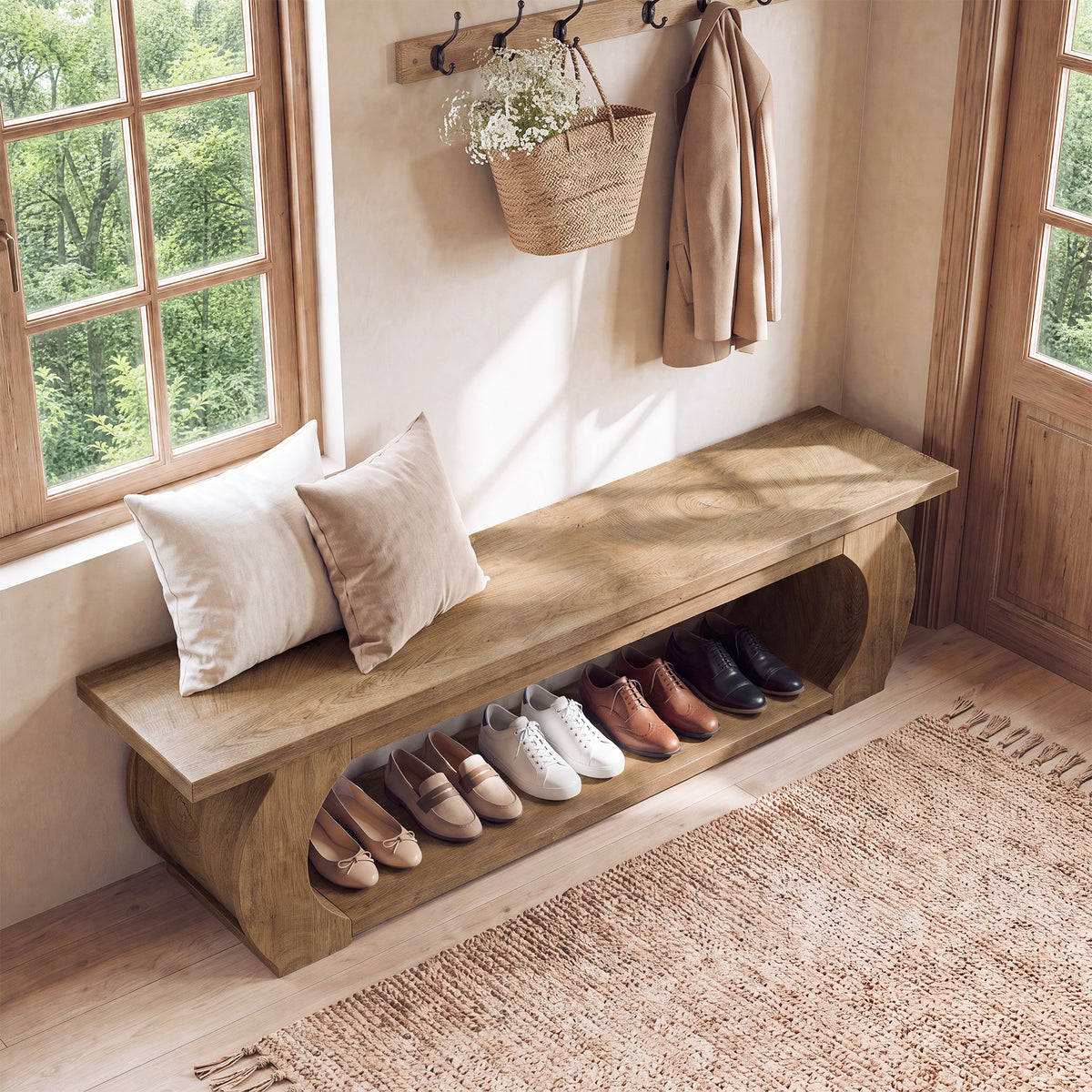Tribesigns 63 Inch Shoe Bench with Storage, Entryway Bench with Open Shelves for Bedroom and Living Room