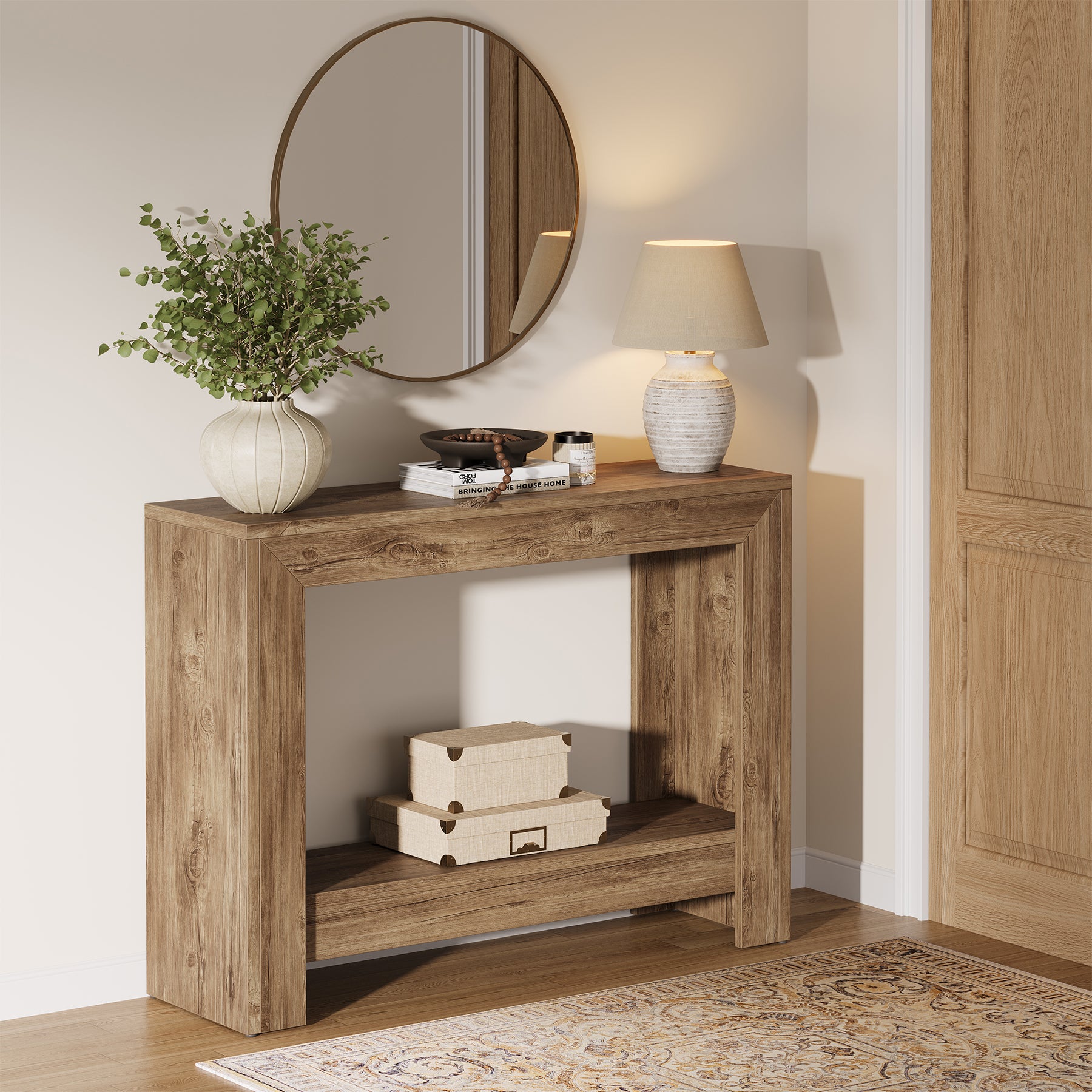 41.3-Inch Rustic Wood Console Table with Open Storage Shelves for Hallway