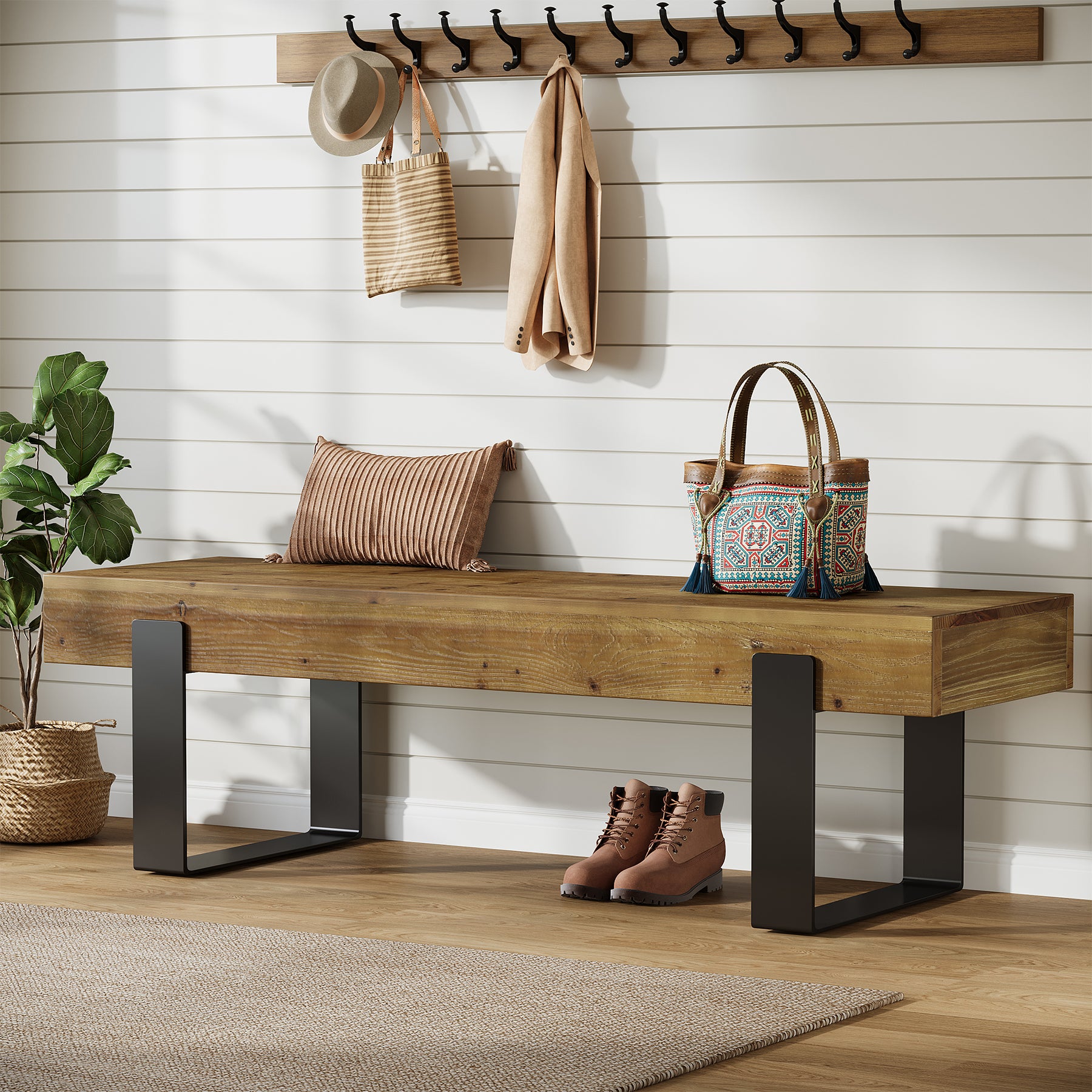 Tribesigns 63-Inch Solid Wood Entryway Bench, Farmhouse Shoe Bench with Metal Legs for Hallway