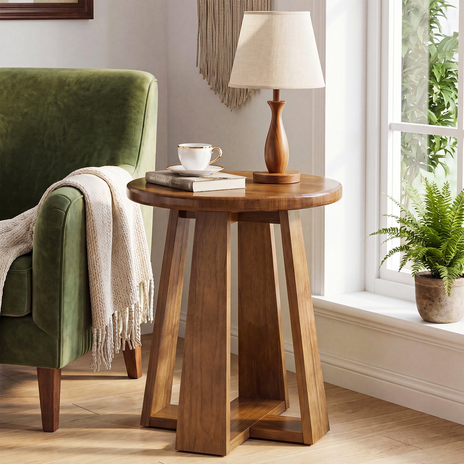 19.69 Inch Solid Wood Round End Table with Geometric Legs, Side Table for Living Room