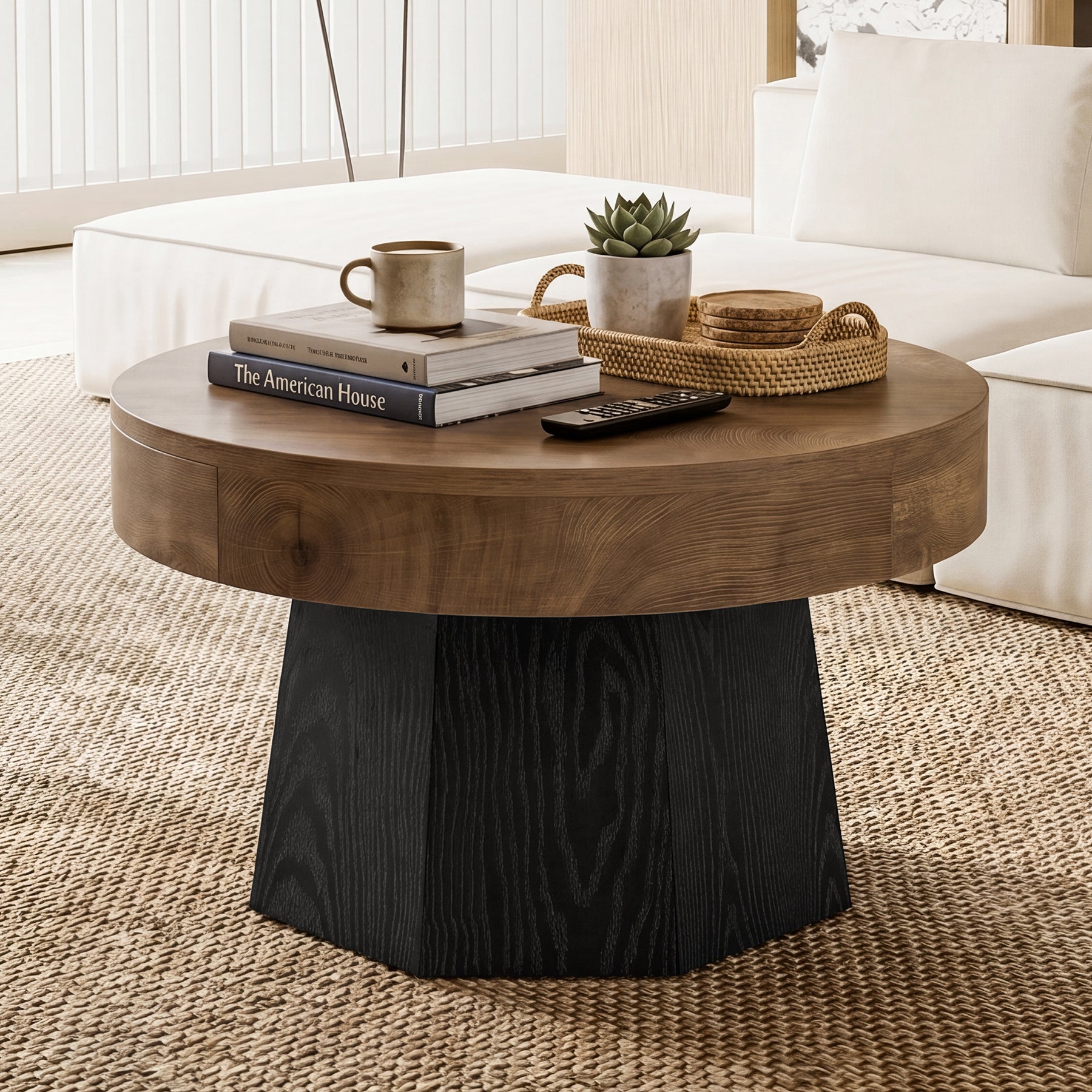 31.5-Inch Round Coffee Table with Octagonal Base, Modern Centre Table for Living Room