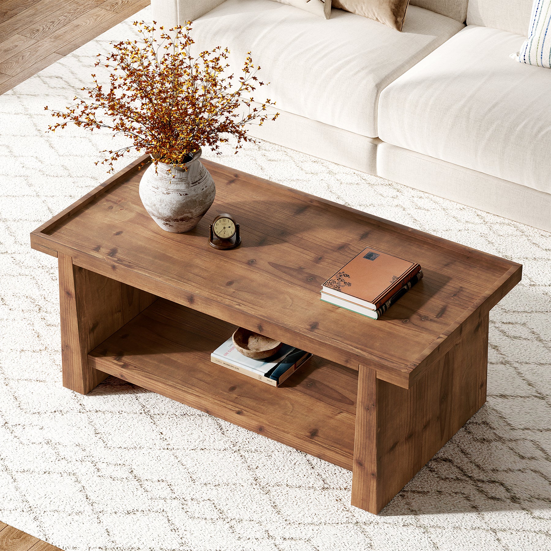47.24"  Solid Wood Coffee Table with Raised Edge, Rustic Farmhouse 2 Tier Center Table