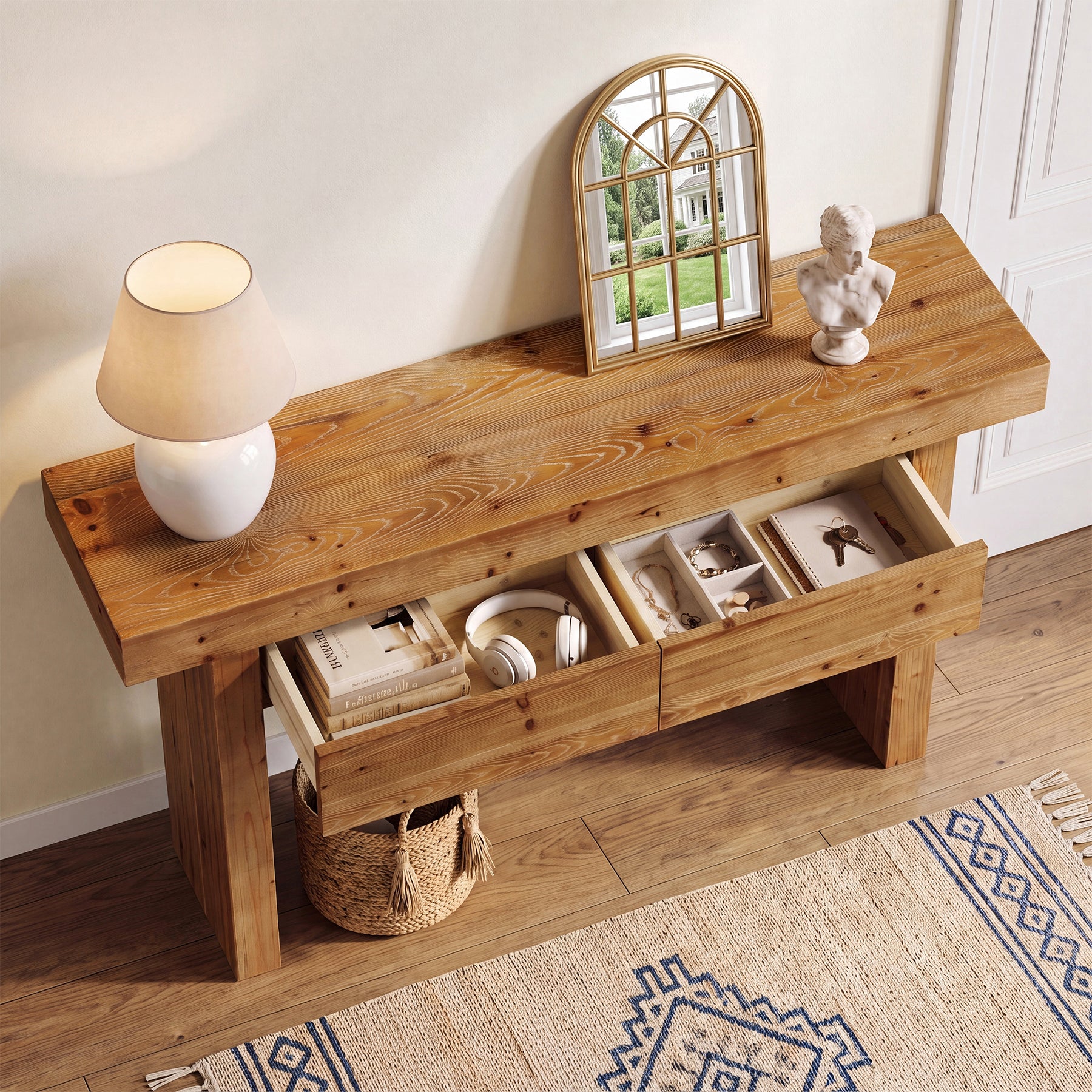 63 Inch Fir Wood Console Table with 2 Hidden Drawers, Narrow Entryway Table for Hallway