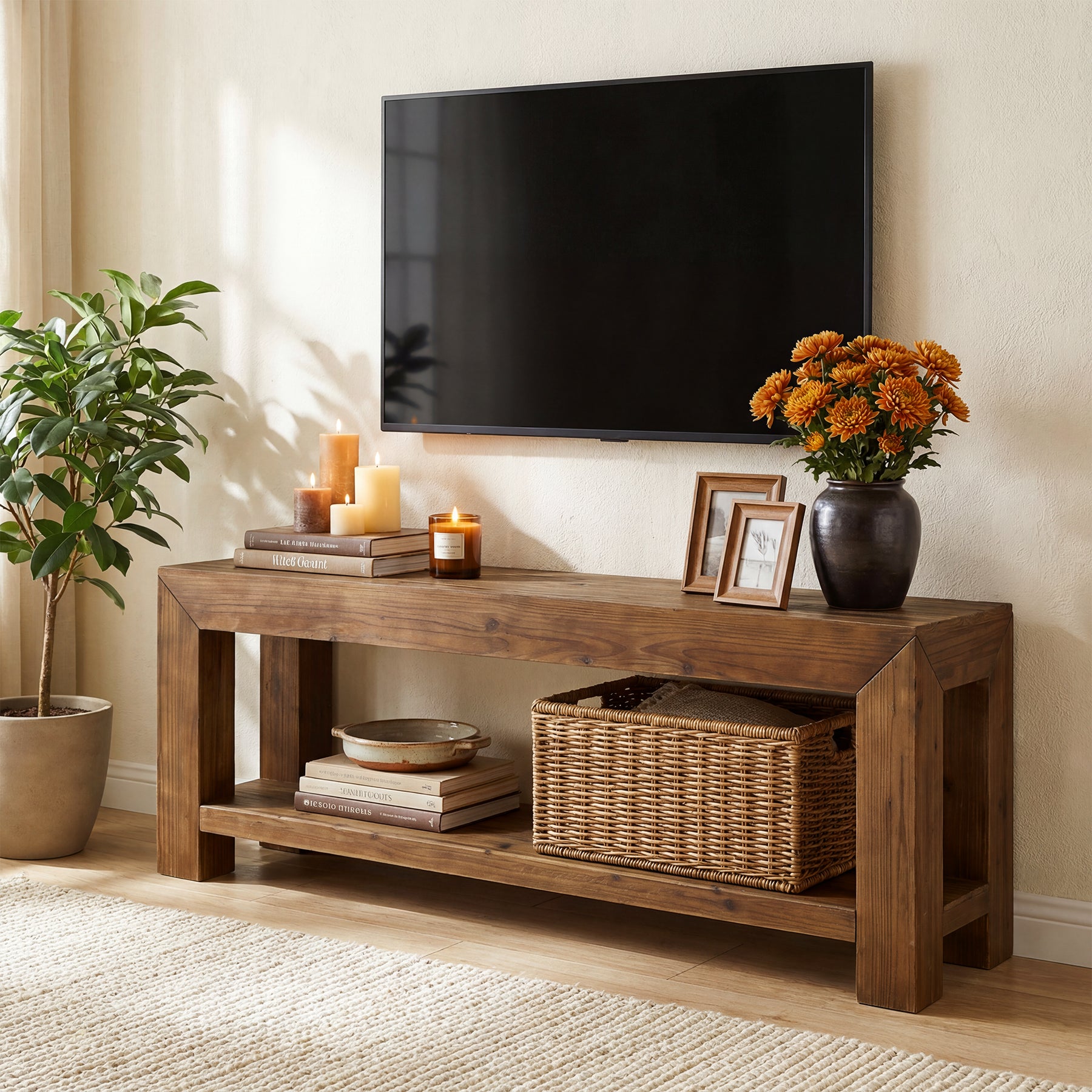 Tribesigns 63-Inch Solid Wood TV Stand for TVs up to 75 Inches with 2-Tier Open Storage Shelves