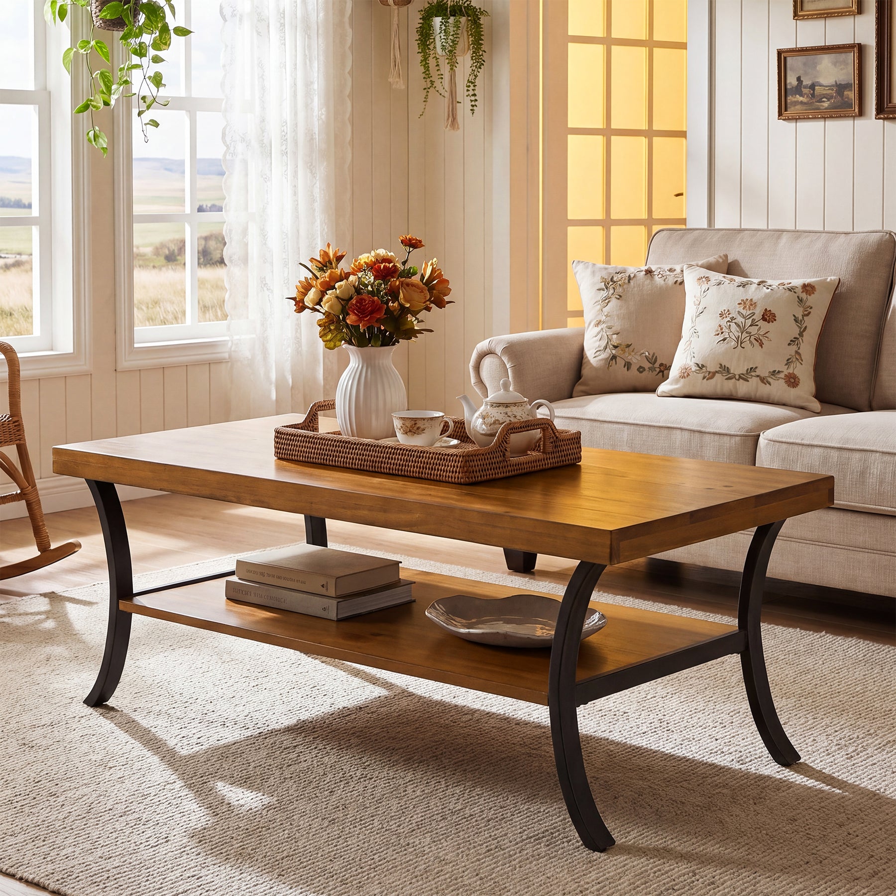 47 Inch Solid Wood Coffee Table, 2-Tier Farmhouse Center Table with Storage Shelf and Curved Metal Legs