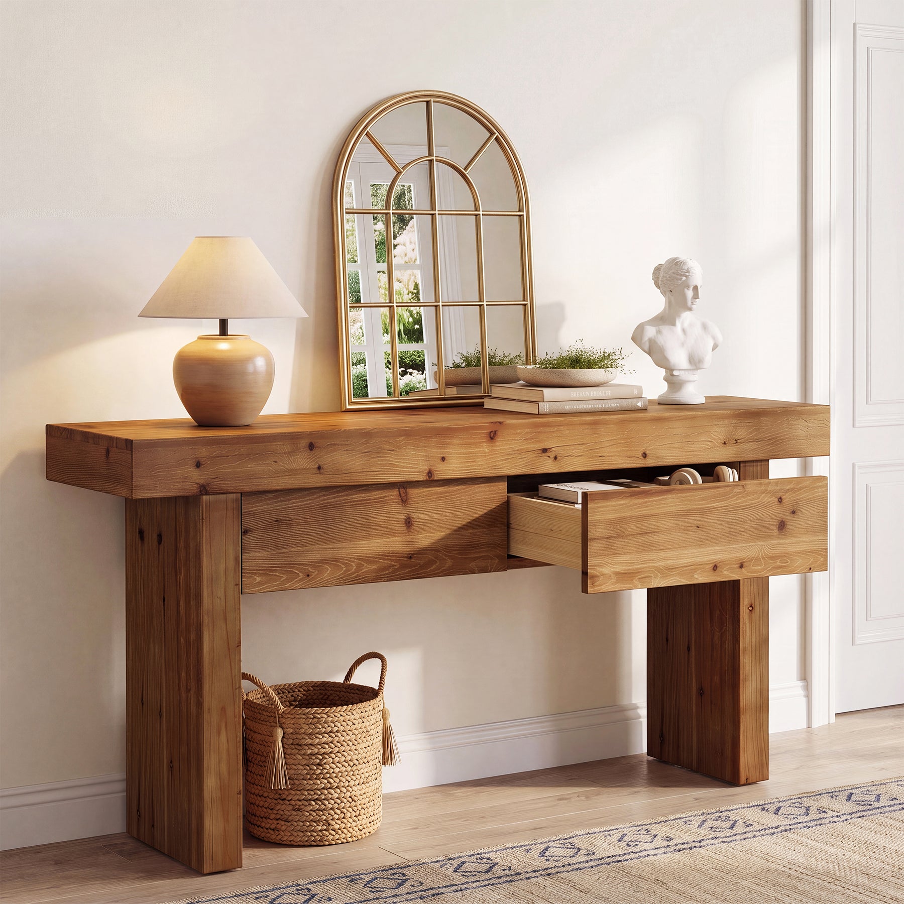 63 Inch Fir Wood Console Table with 2 Hidden Drawers, Narrow Entryway Table for Hallway