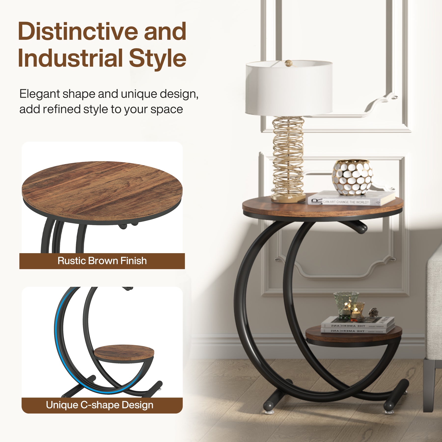 19.68" Round End Table with Storage, 2 Tier Industrial Side Table