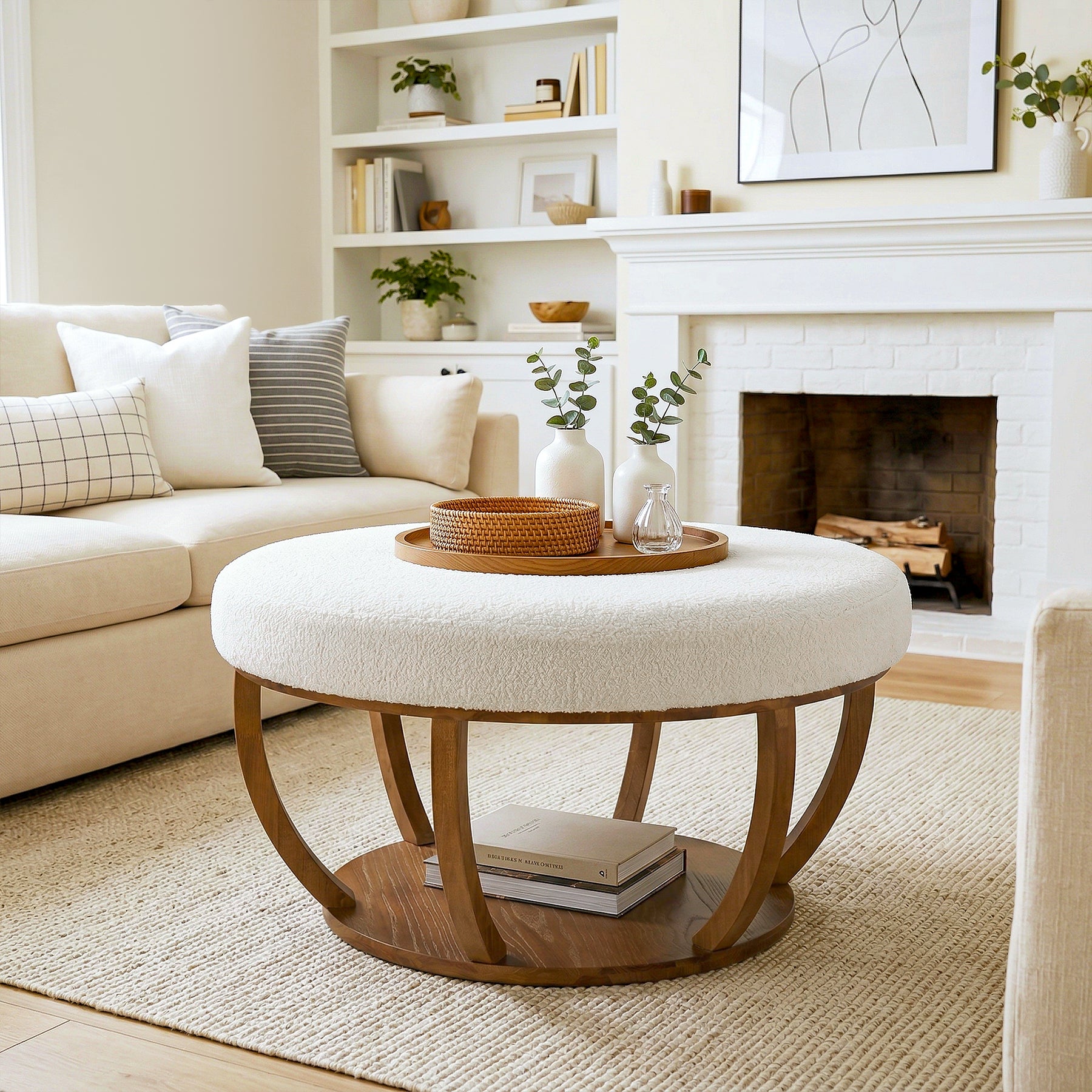 31.5-Inch Round Ottoman Coffee Table, Upholstered Storage Footrest Table