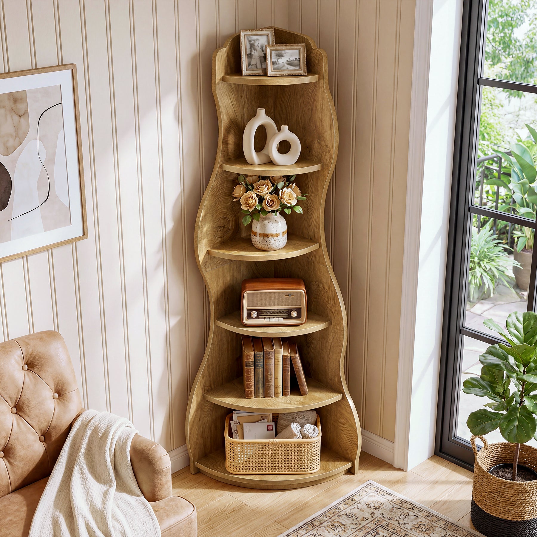Tribesigns 68.9-Inch Wavy Corner Shelf, 6-Tier Bookcase for Small Spaces