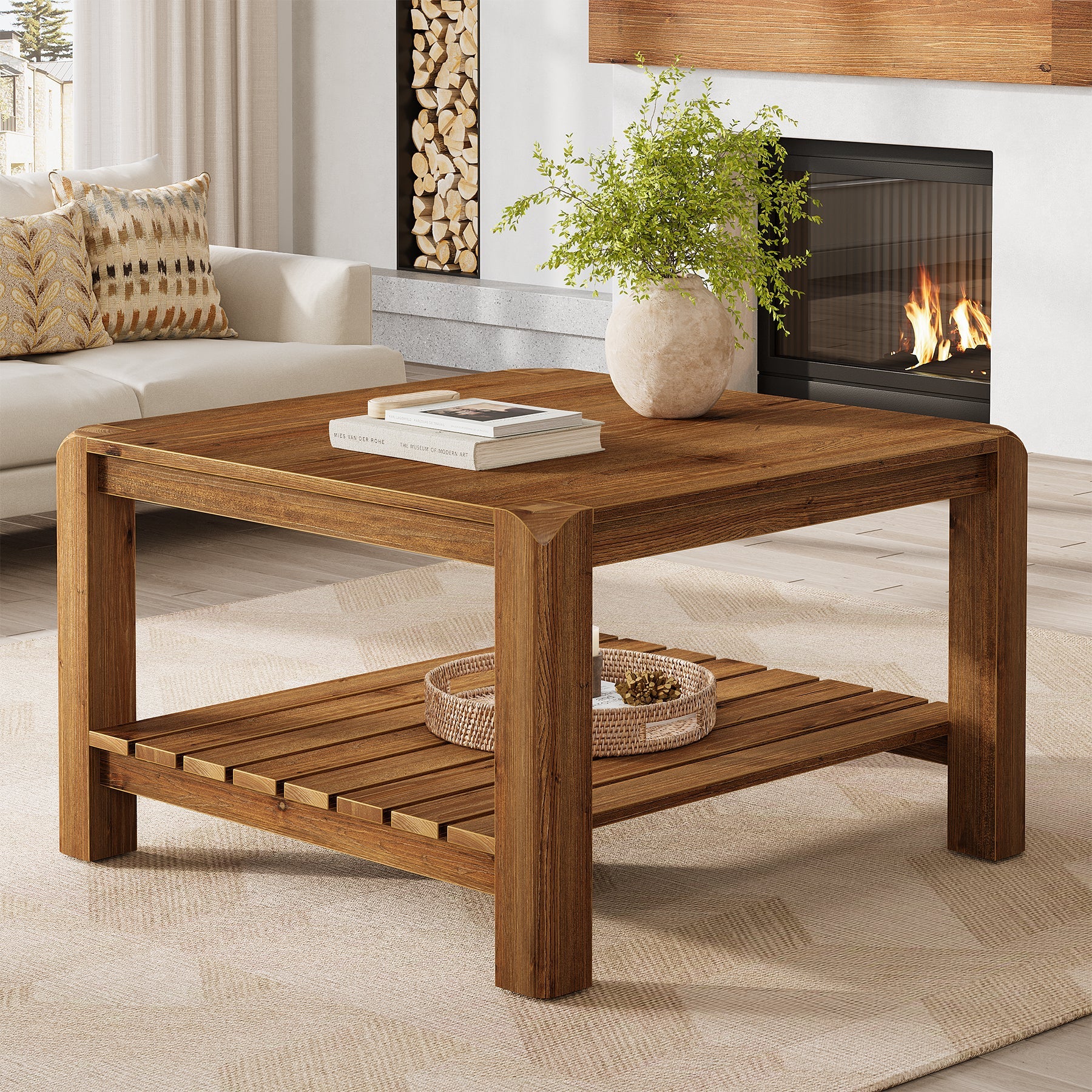 31.5" Solid Wood Coffee Table, 2-Tier Square Table with Rounded Corners