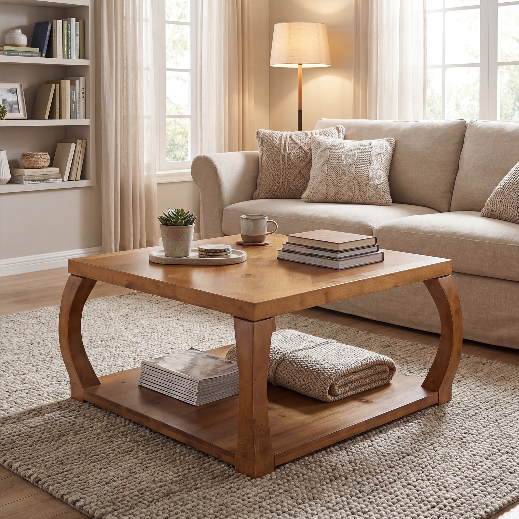 Tribesigns 31.49-Inch Square Solid Wood Coffee Table, Farmhouse Accent Table with Storage