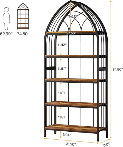 5-Tier Bookshelf, 74.8" Industrial Curved Bookcase Freestanding Display Shelf