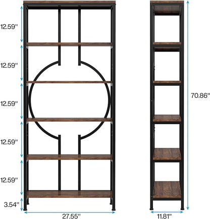 6-Tier Bookshelf, 70.9" Industrial Bookcase Display Shelf