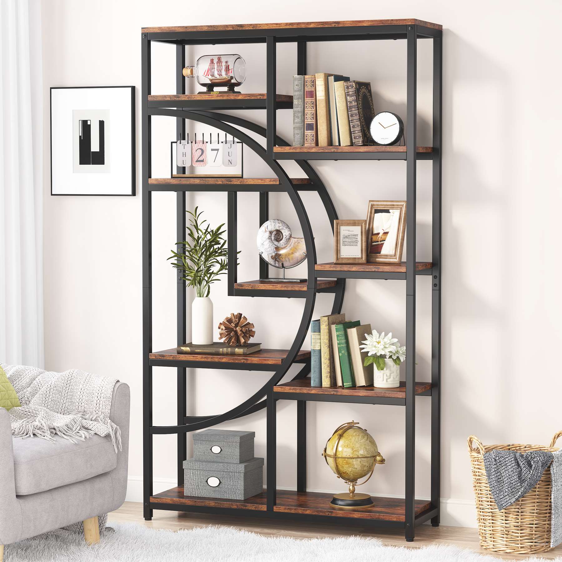 37.4 Inch 5-Tier Industrial Bookshelf for Living Room, Bedroom, Home Office