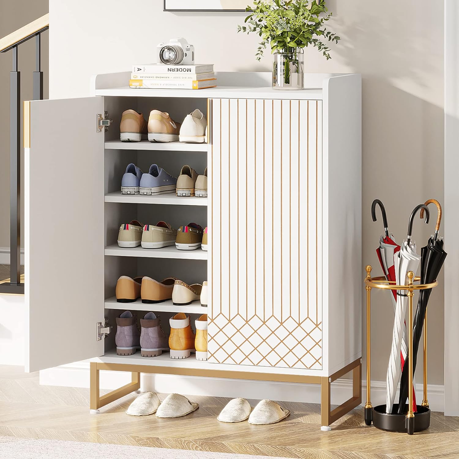 Tribesigns White 5-Tier Freestanding Wood Shoes Cabinet with Gold Metal Frame
