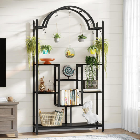 Tribesigns 5-Tier Arched Metal Plant Stand - 74.8" Tall Black Indoor Shelf with Hanging Hooks