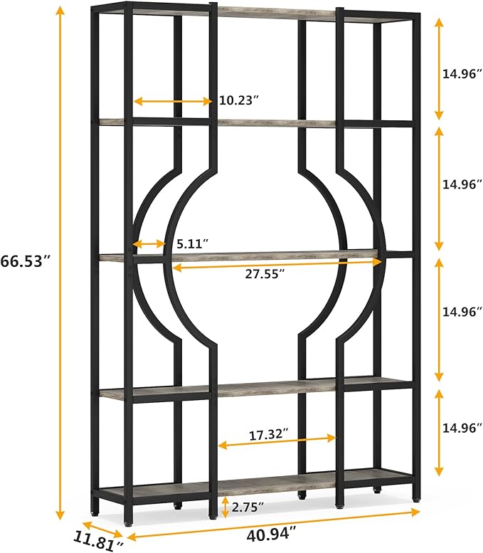 Tribesigns vintage 5-Tier Bookshelf - tall wooden bookshelf with sturdy metal frame