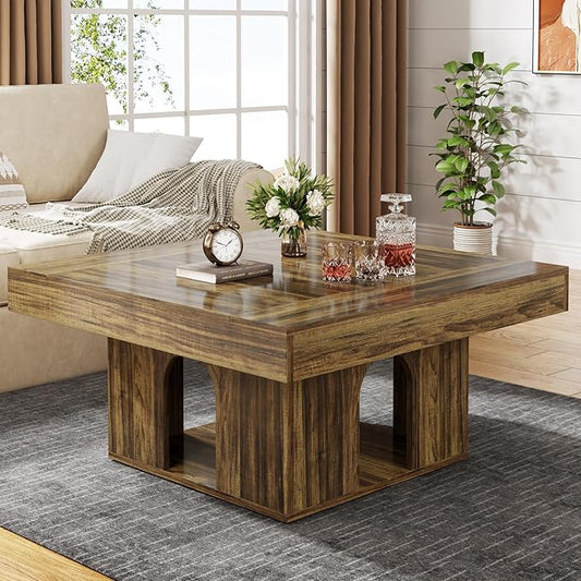 Tribesigns 2-Tier Square Coffee Table - Rustic Wood Cocktail Table with Storage (35")