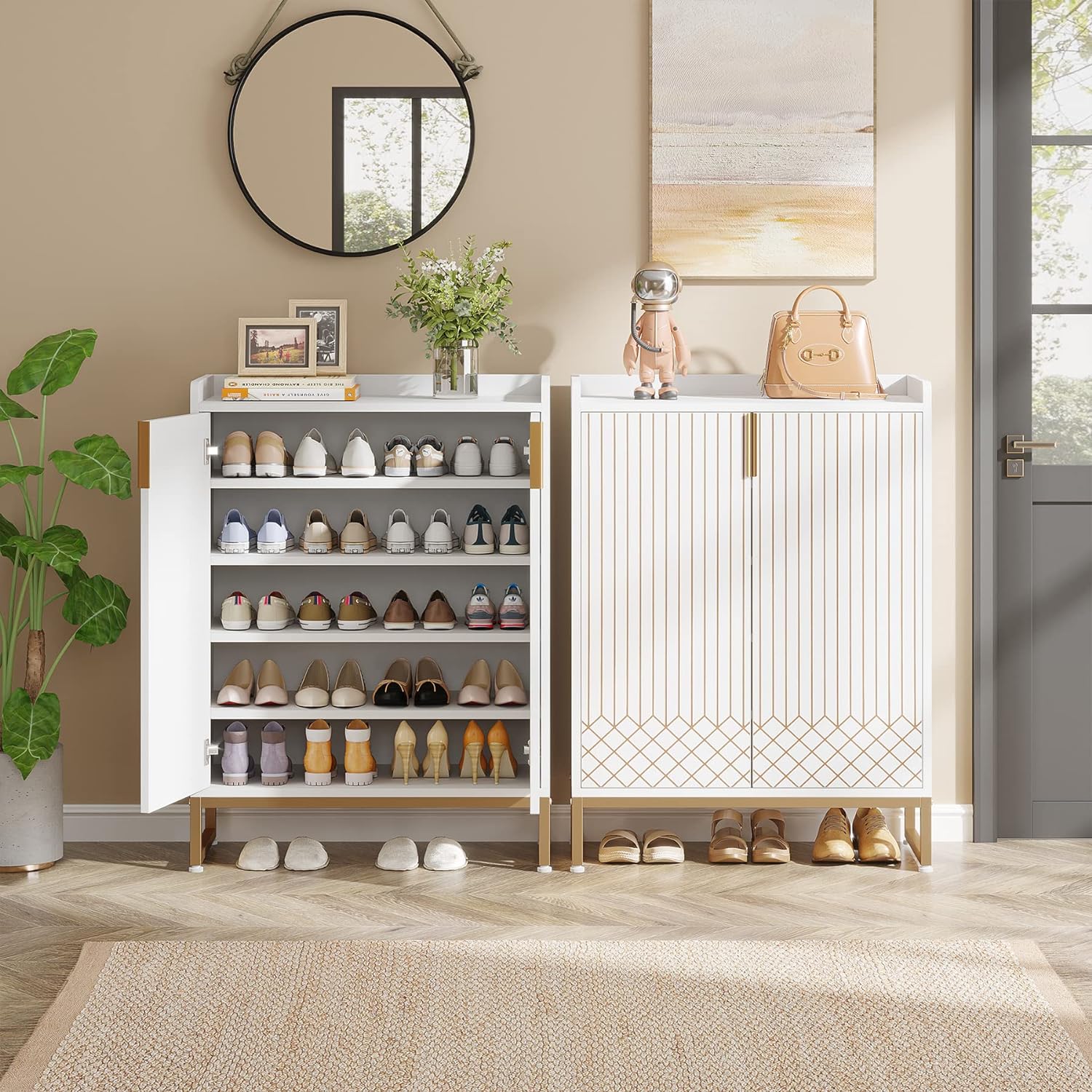 Tribesigns White 5-Tier Freestanding Wood Shoes Cabinet with Gold Metal Frame