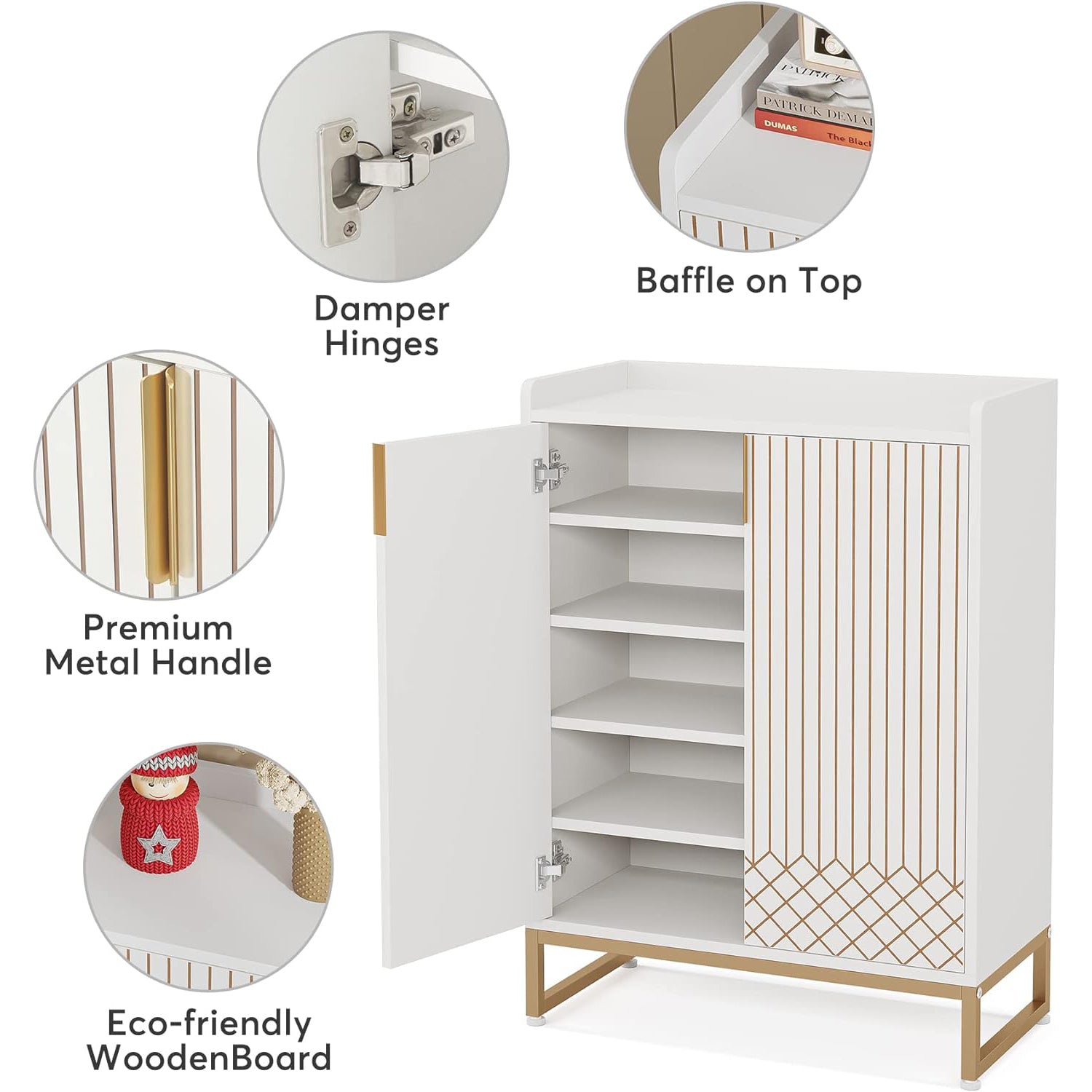 Tribesigns White 5-Tier Freestanding Wood Shoes Cabinet with Gold Metal Frame