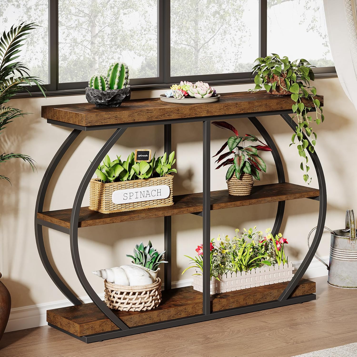 105 cm Industrial Console Table - Rustic Brown 3-Tier Entryway Shelf w/Arched Metal Frame