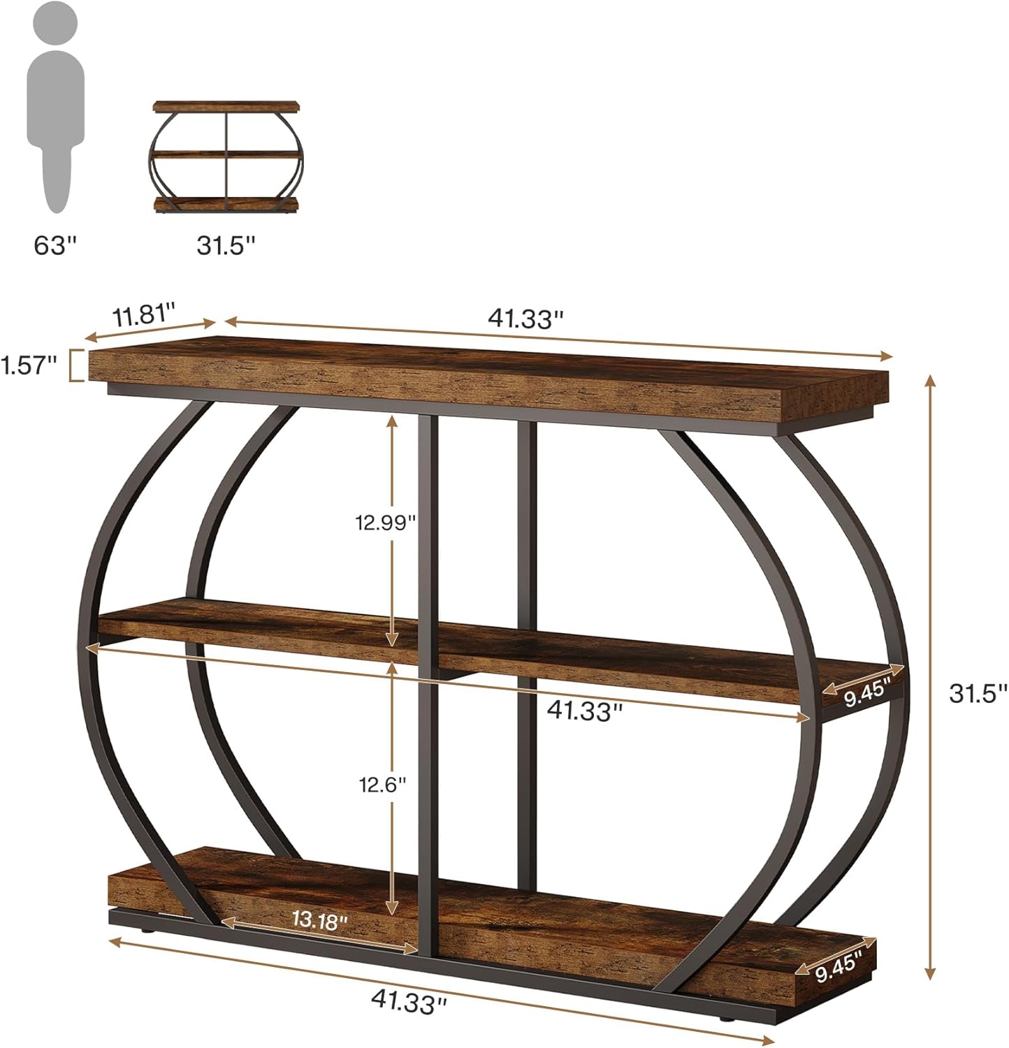 105 cm Industrial Console Table - Rustic Brown 3-Tier Entryway Shelf w/Arched Metal Frame