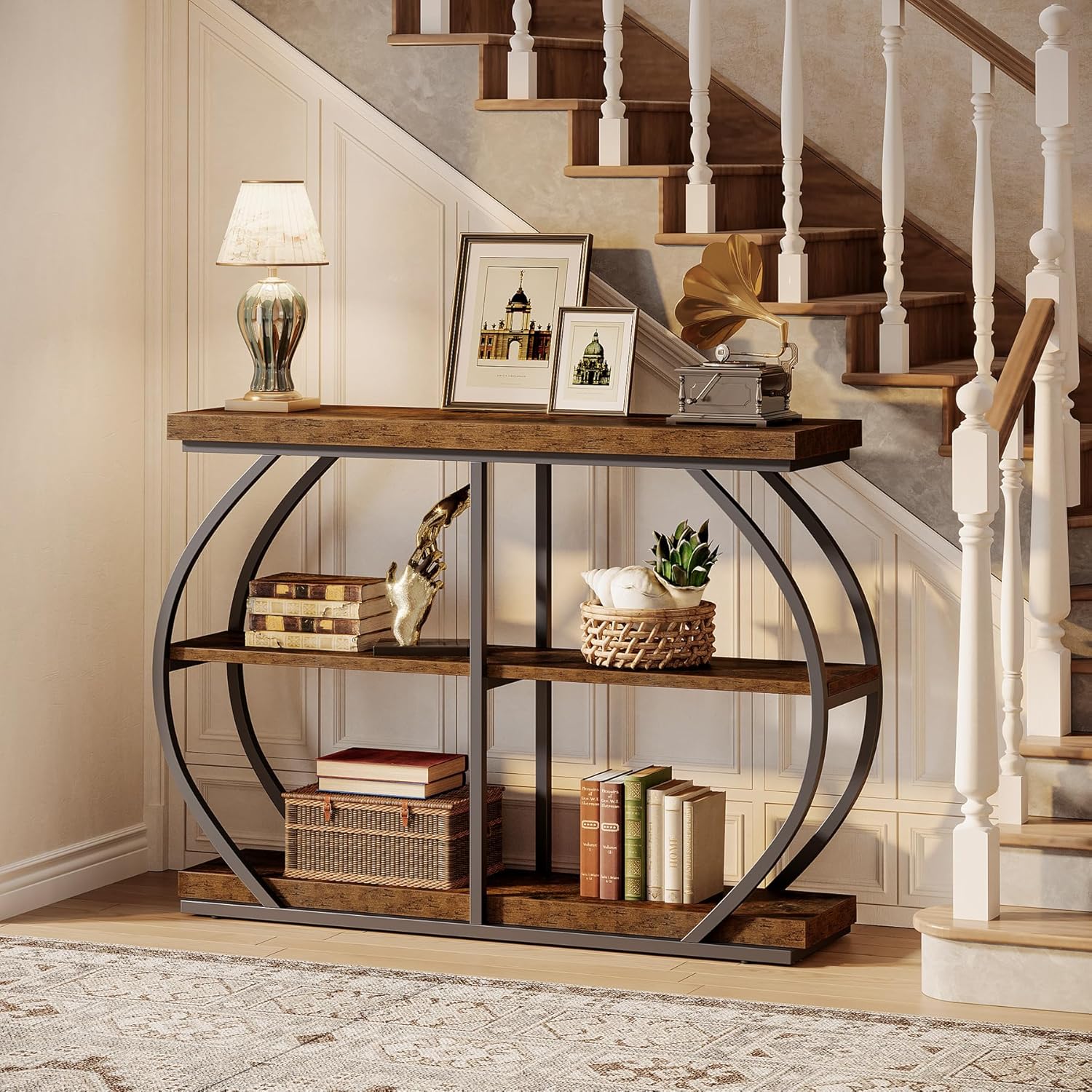 105 cm Industrial Console Table - Rustic Brown 3-Tier Entryway Shelf w/Arched Metal Frame