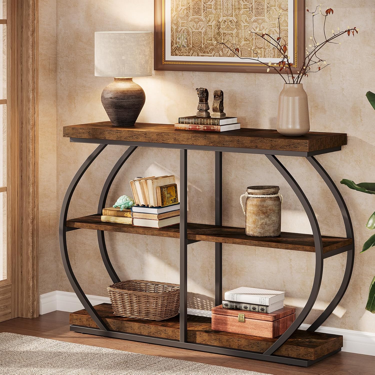 105 cm Industrial Console Table - Rustic Brown 3-Tier Entryway Shelf w/Arched Metal Frame