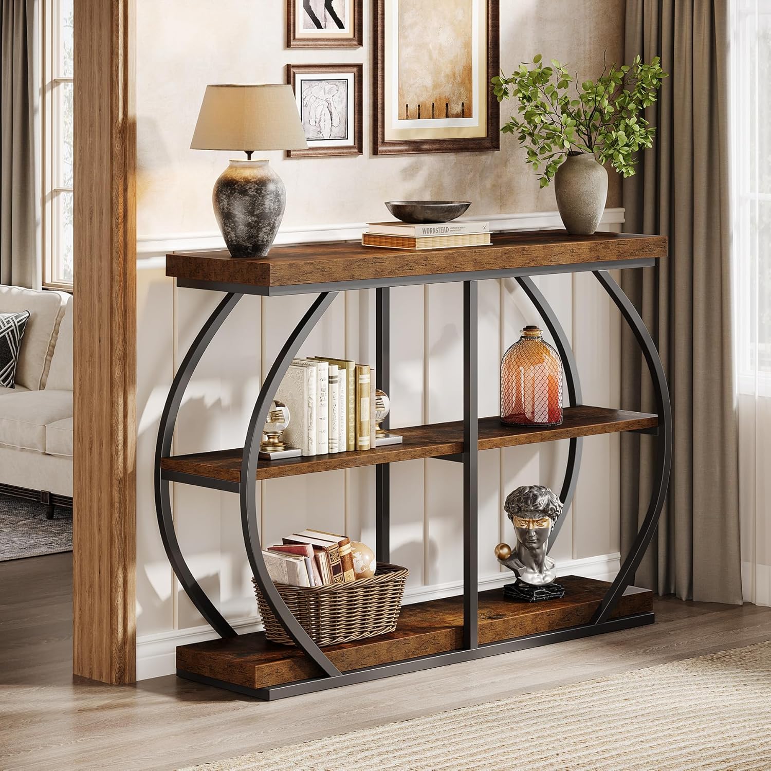 105 cm Industrial Console Table - Rustic Brown 3-Tier Entryway Shelf w/Arched Metal Frame