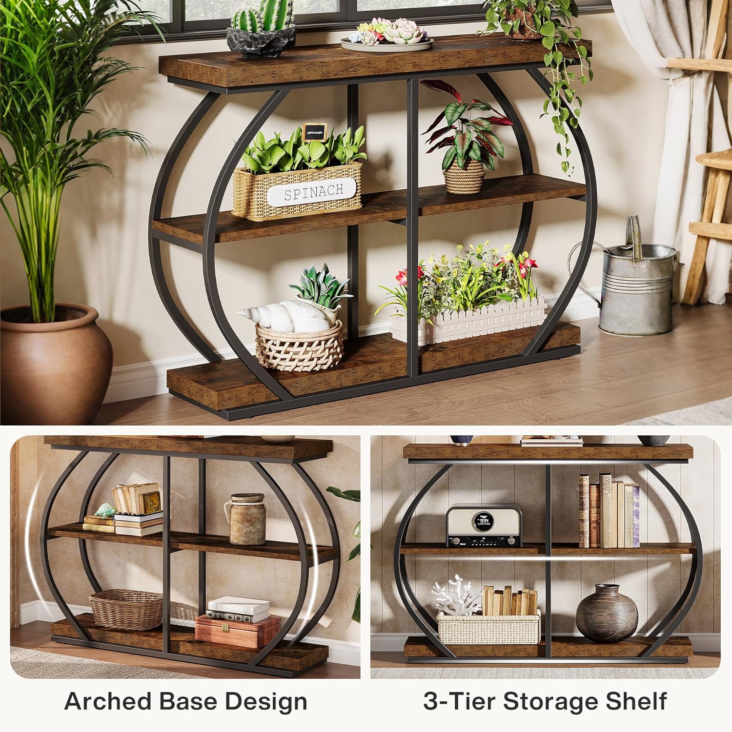 105 cm Industrial Console Table - Rustic Brown 3-Tier Entryway Shelf w/Arched Metal Frame