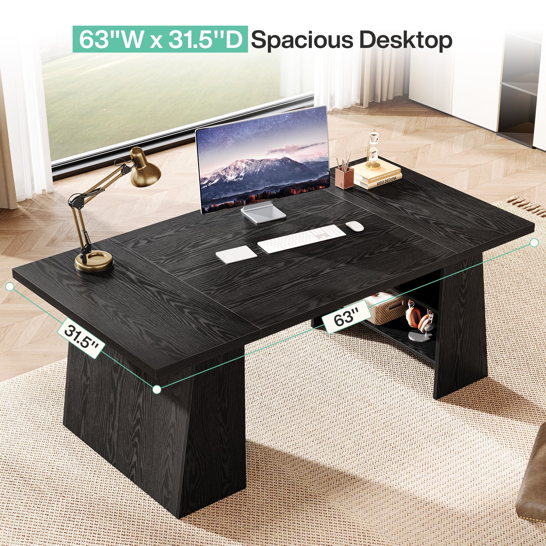 Tribesigns 63-Inch Modern Executive Desk with Storage Shelves, Black Office Desk for Home Office and Business Workstation