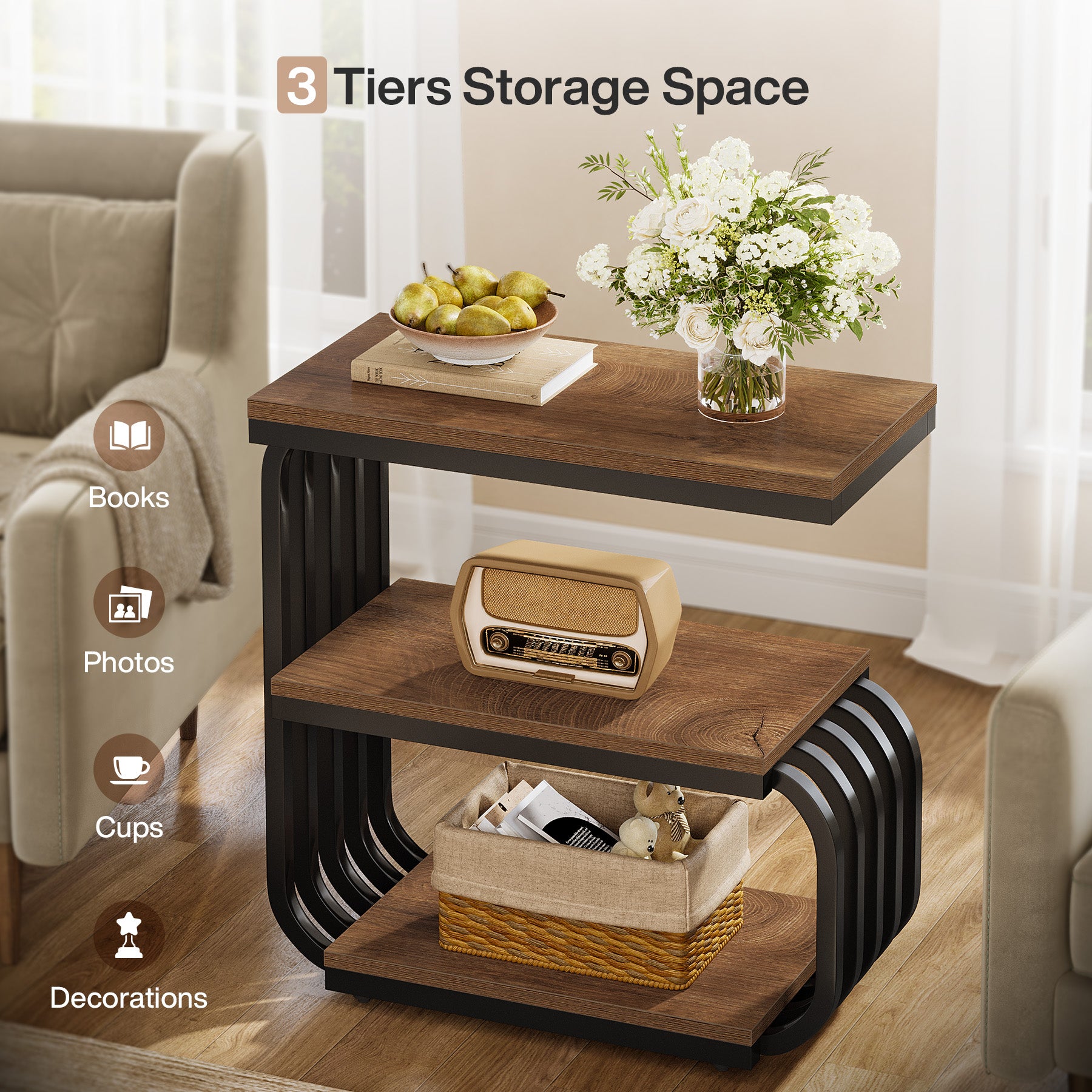 Tribesigns 3-Tier Narrow End Table, C-Shaped Side Table for Living Room