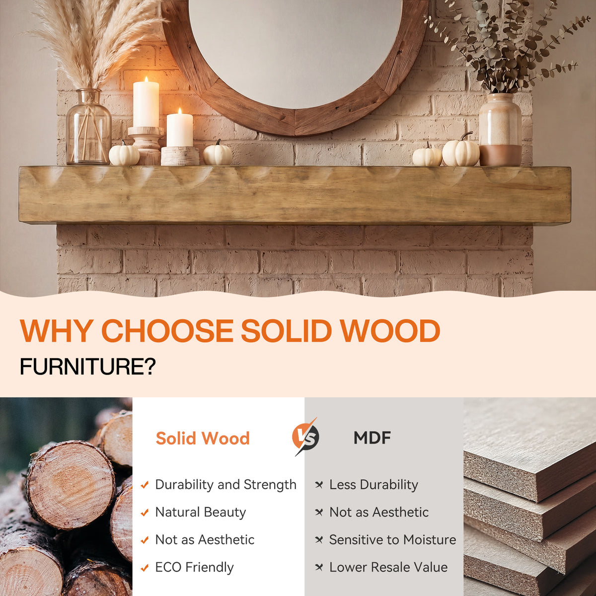 Tribesigns 63" Solid Wood Floating Mantel Shelf with 80 lb Capacity, Rustic Fireplace Wall Decor