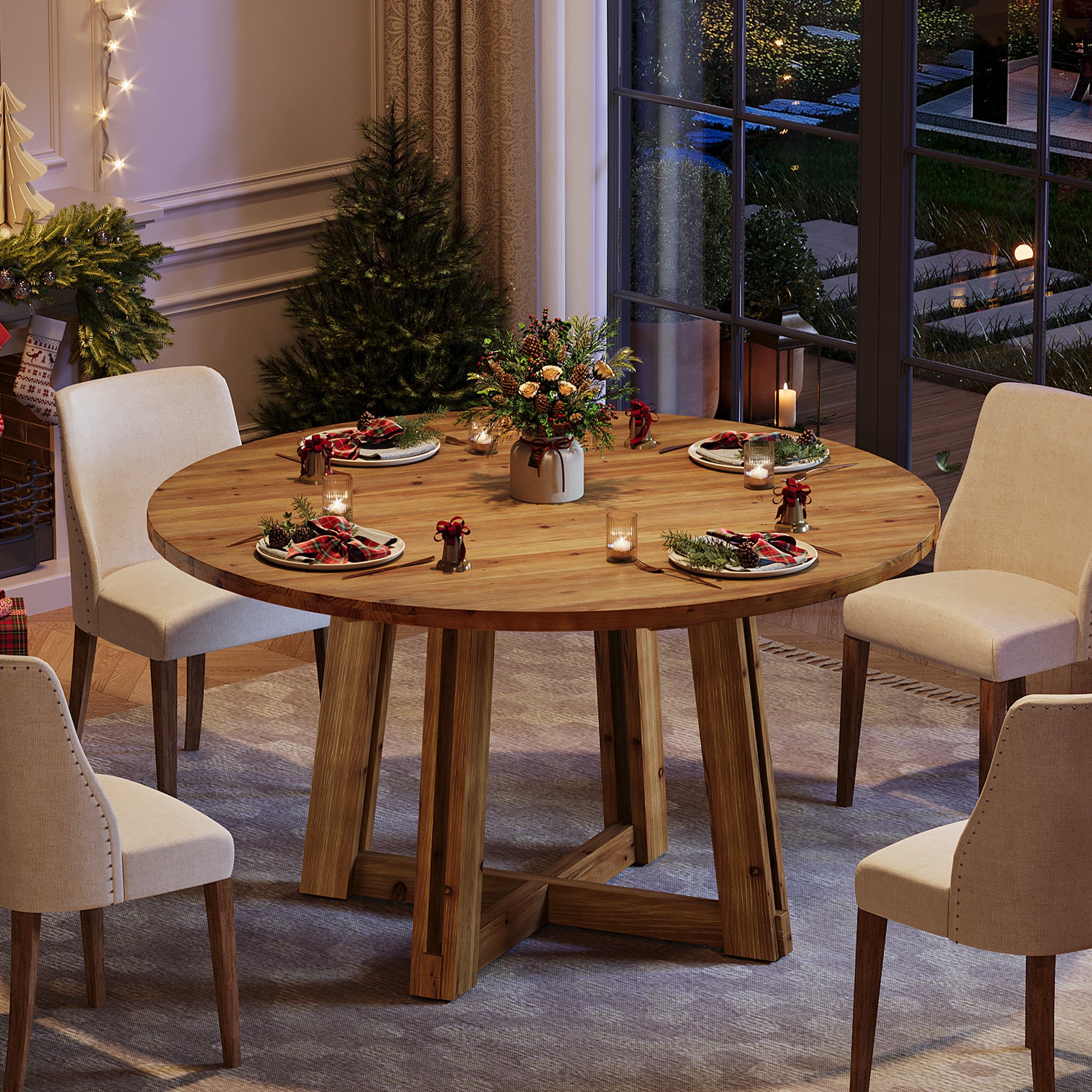 Tribesigns 47.3-Inch Solid Wood Round Dining Table for 4-6 People, Farmhouse Kitchen Table with Cross-Shaped Base for Dining Room