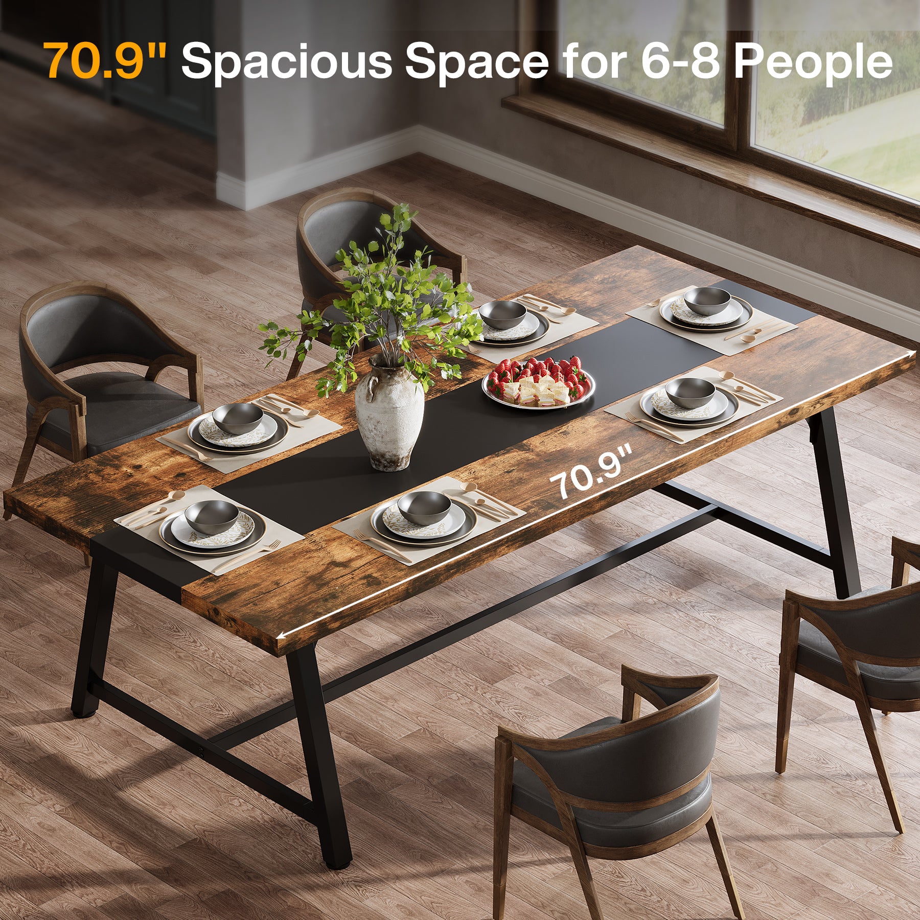 70.9-Inch Dining Table for 6-8 with Thick Top, Industrial Kitchen Table with Metal Frame