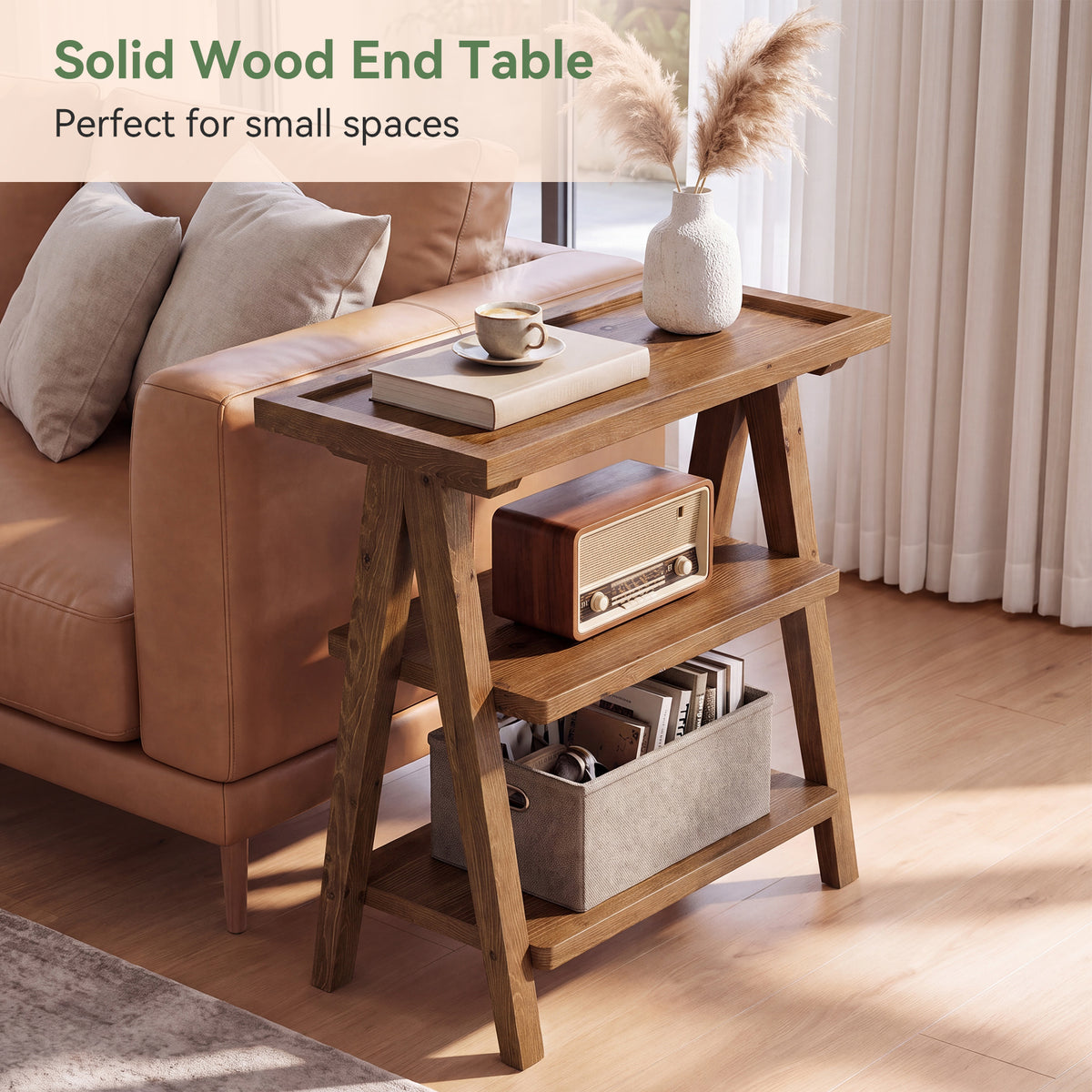Tribesigns 25.59 Inch Solid Wood Side Table with 3-Tier Storage, Narrow End Table for Living Room