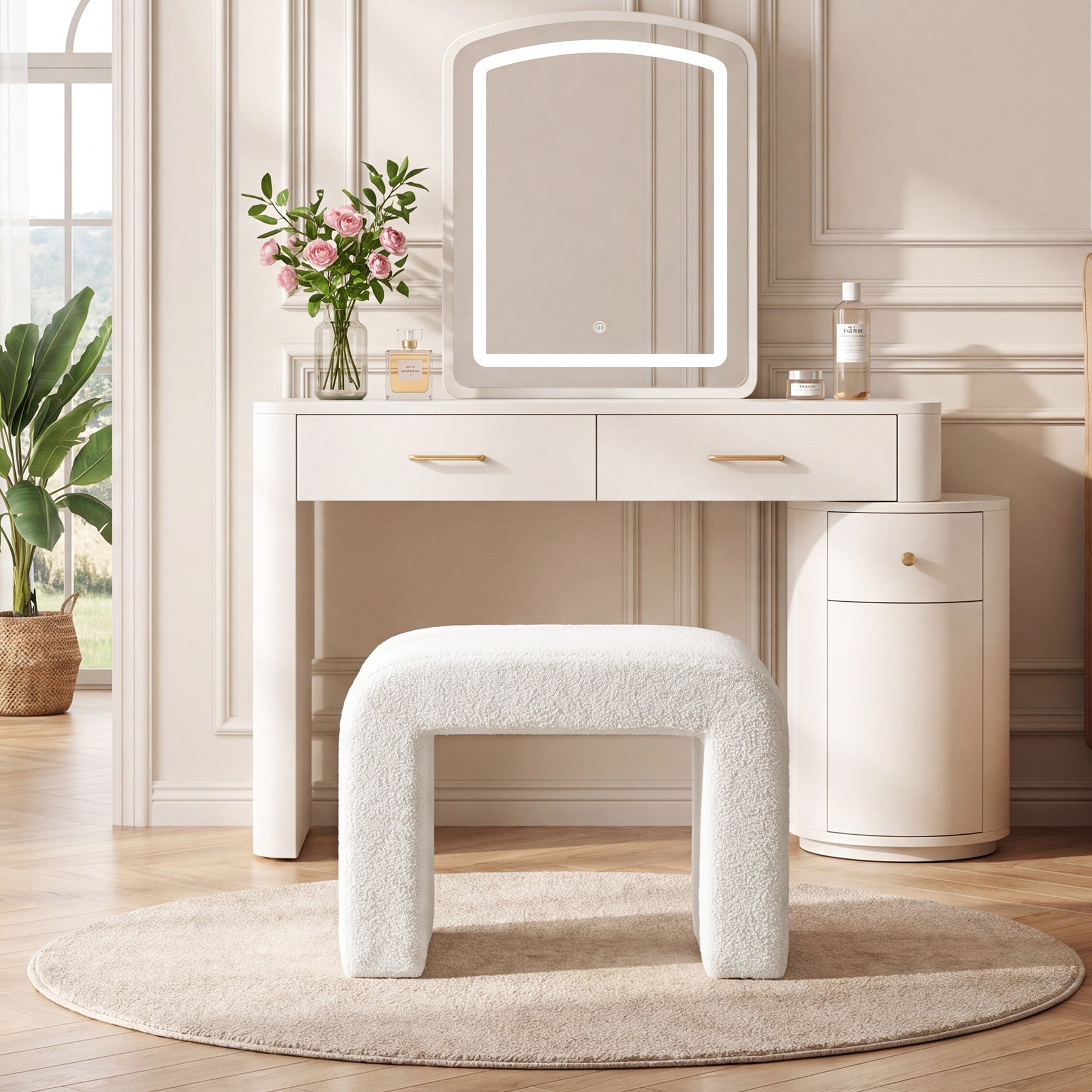 23.62-Inch Modern Vanity Stool with Faux Cashmere Upholstery, Arched Ottoman Footstool
