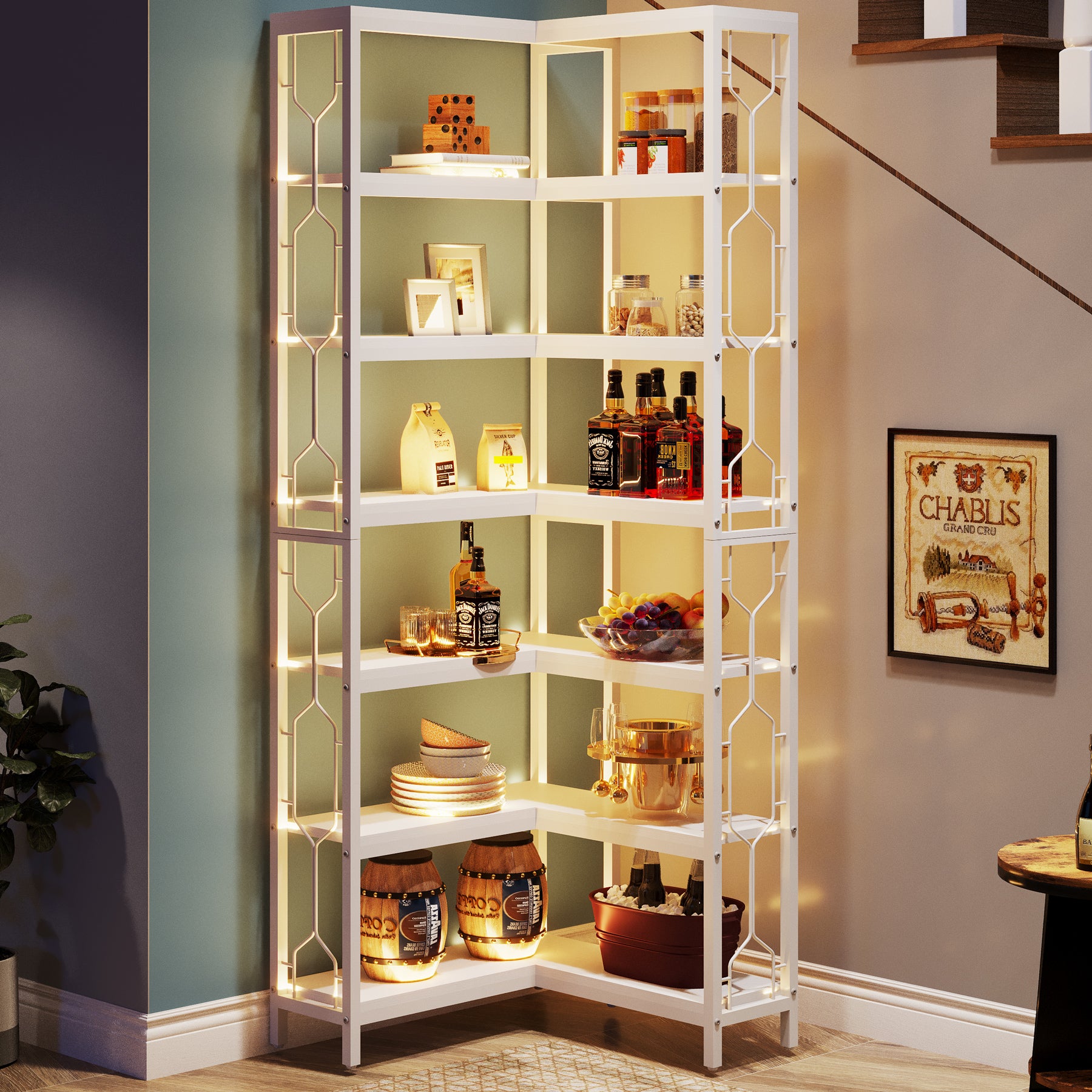 78.7-Inch 7-Tier Corner Bookcase with Hexagon-Pattern Side Panels, Tall Display Unit for Living Room