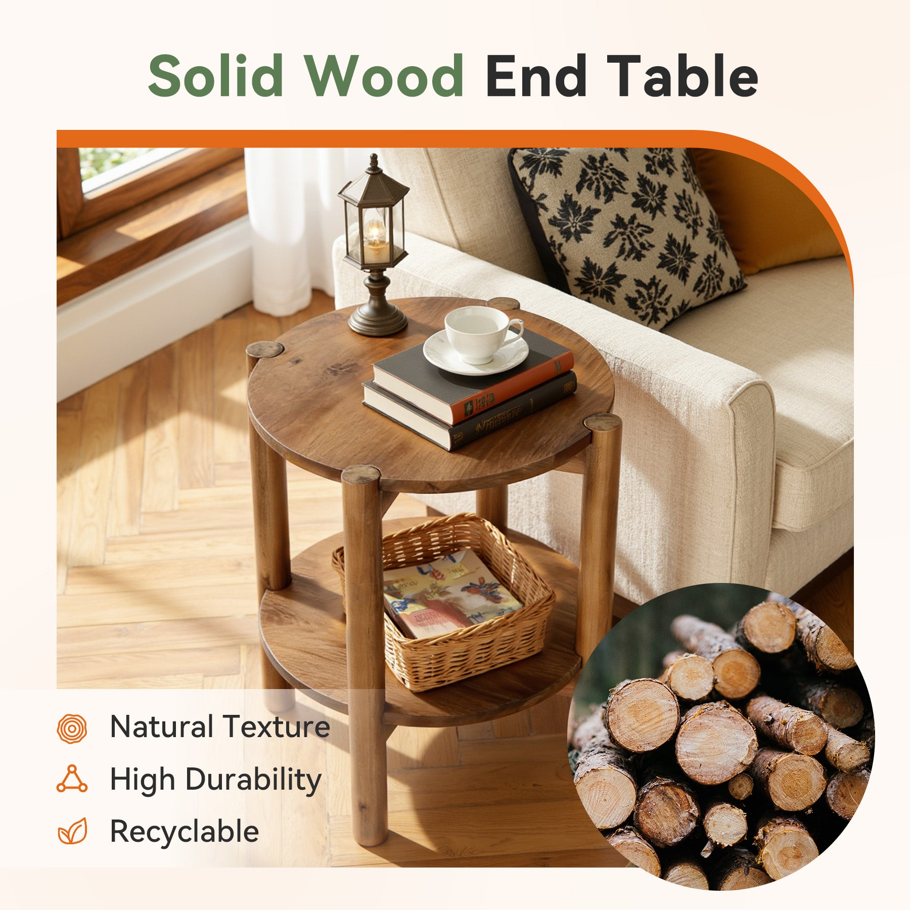 Tribesigns 19.68-Inch Solid Wood Round Side Table with Shelf, Farmhouse End Table for Bedroom