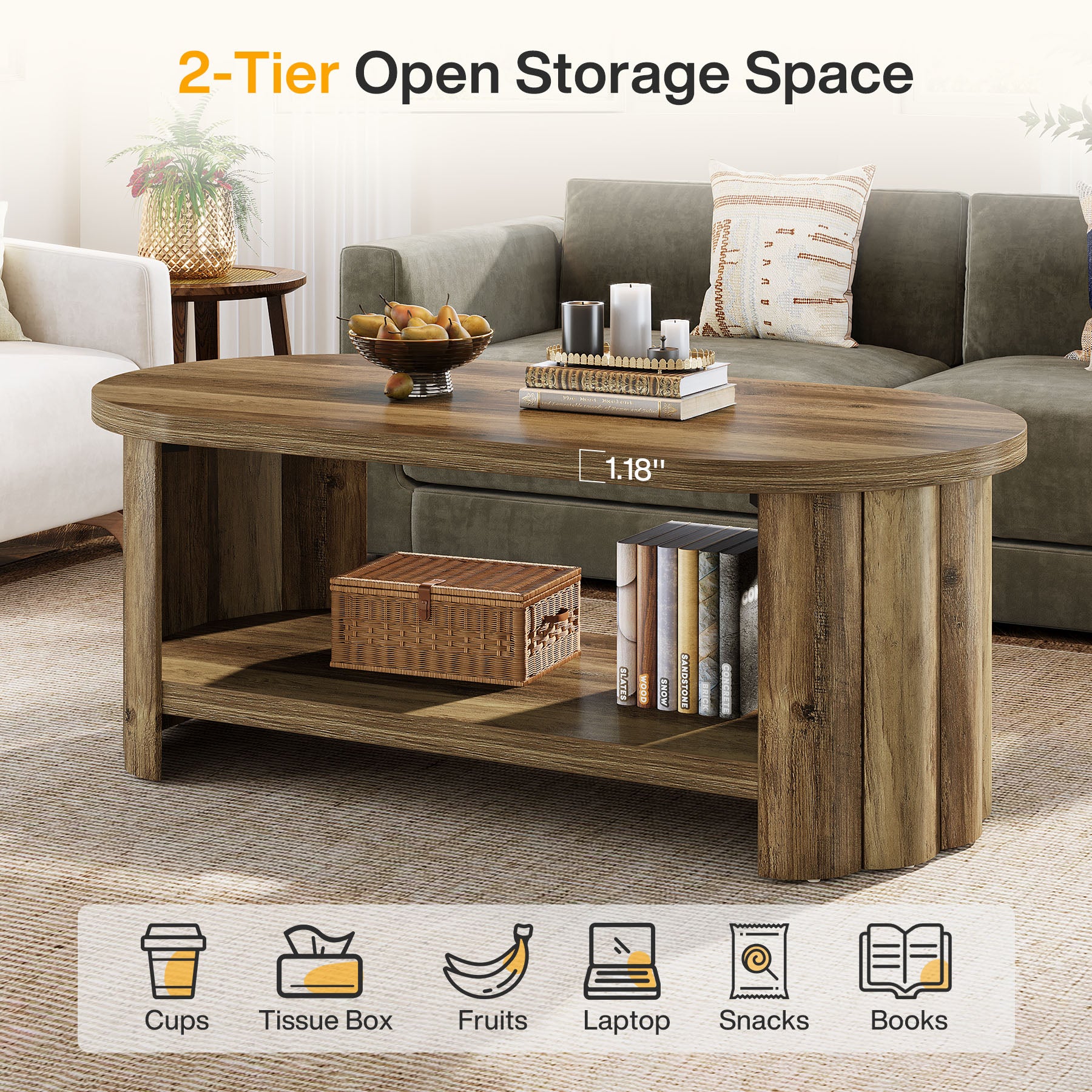 47.24-Inch Oval Coffee Table with 2-Tier Storage Shelf and Dual Base, Farmhouse Accent Center Table