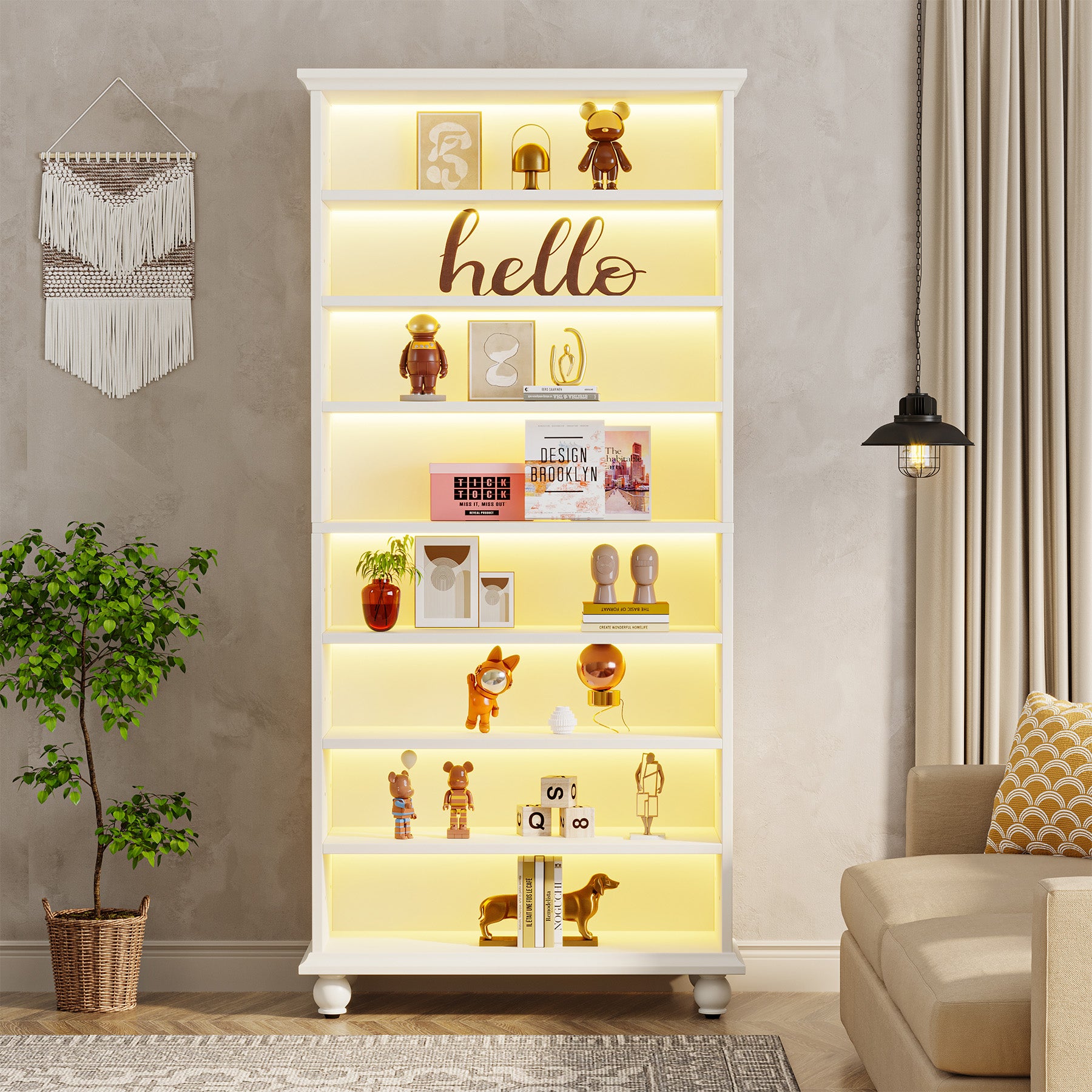 Tribesigns 69-Inch White Bookcase with LED Lighting and Solid Wood Legs, 9-Tier Open Bookshelf for Living Room and Home Office