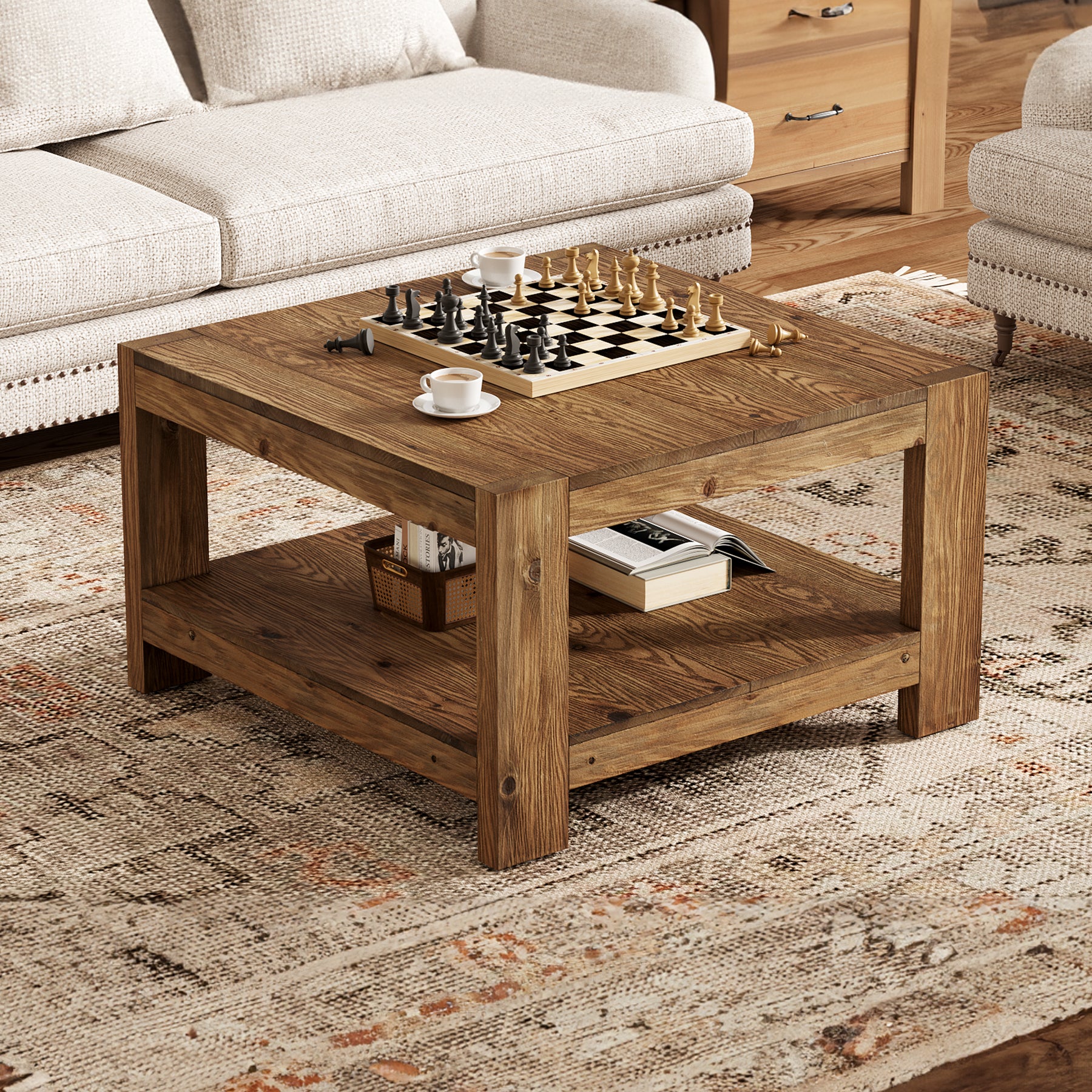 Tribesigns 31.5-Inch Square Farmhouse Coffee Table with Storage Shelf, Solid Wood Center Table for Living Room