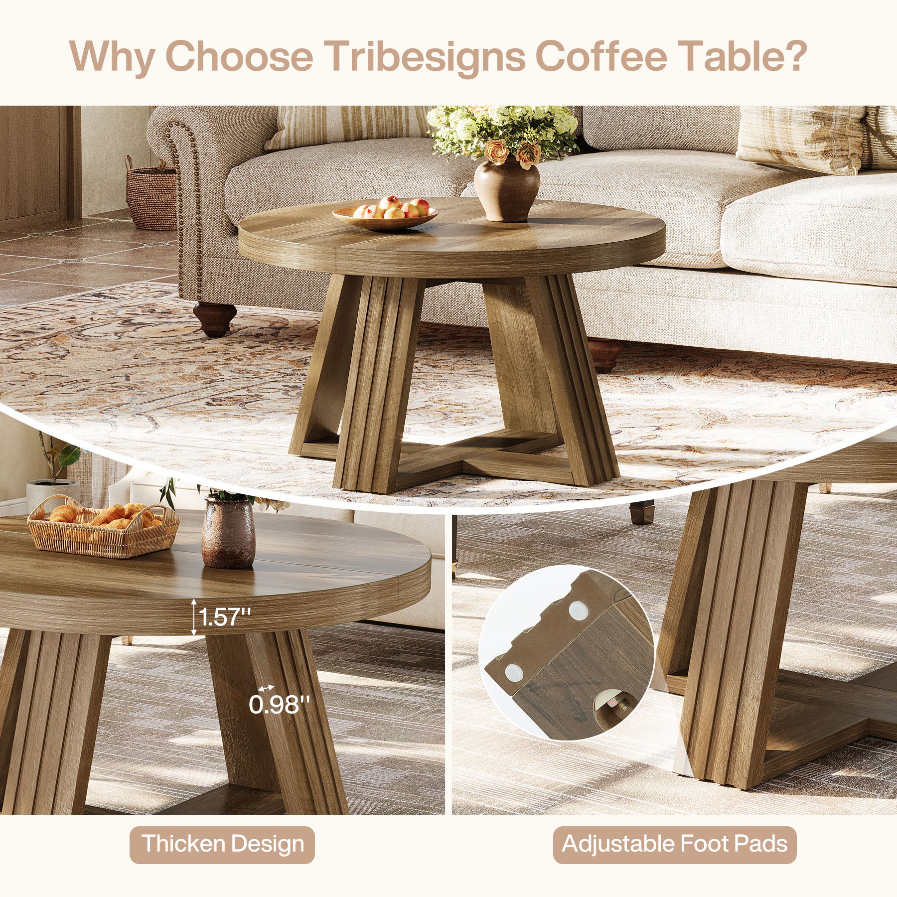 31.5-Inch Round Coffee Table with Thick MDF Tabletop and Cross Base, Rustic Farmhouse Center Table for Living Room