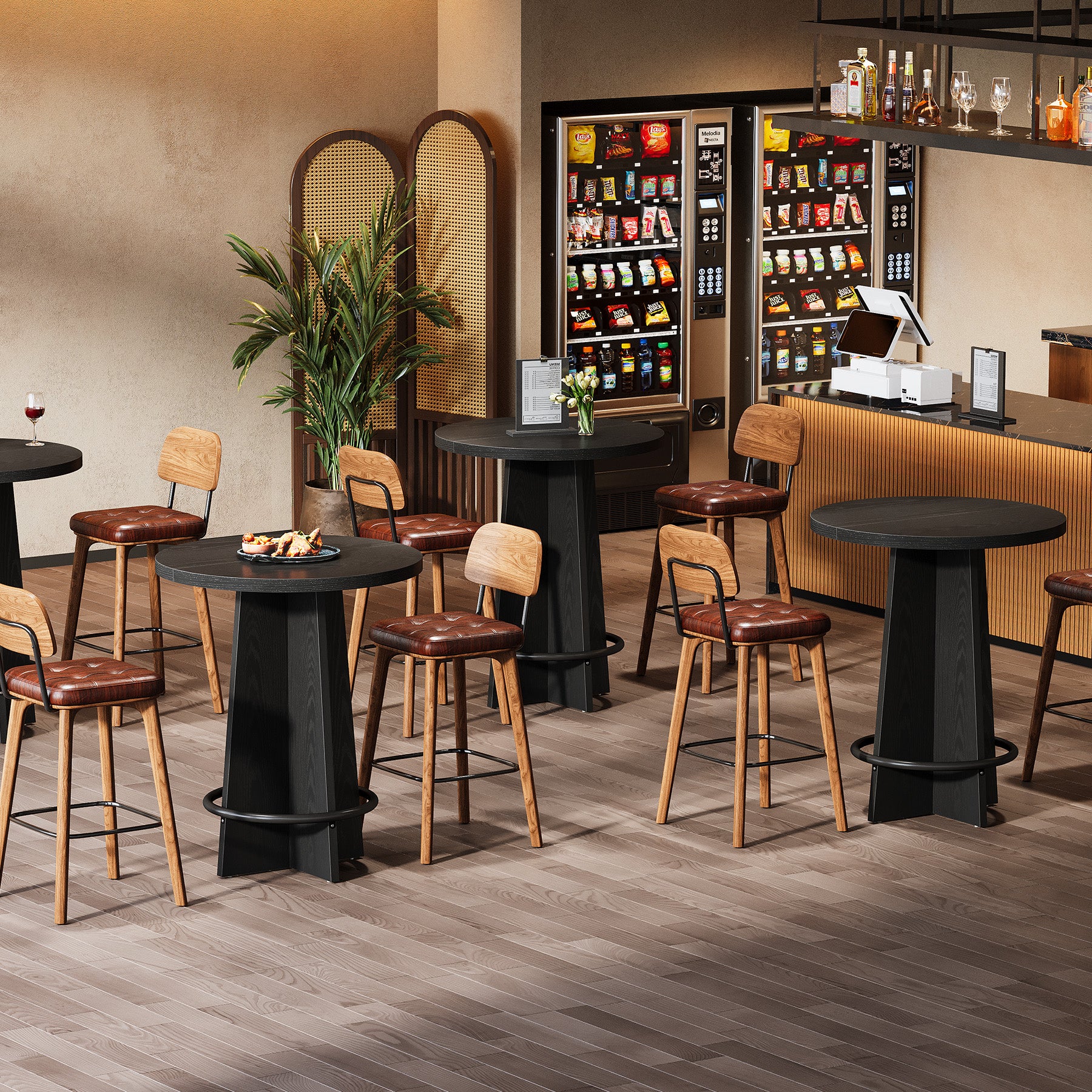 37.4-Inch Round Bar Table with Wooden Cross Base, Compact Pub Table with Ring Footrest