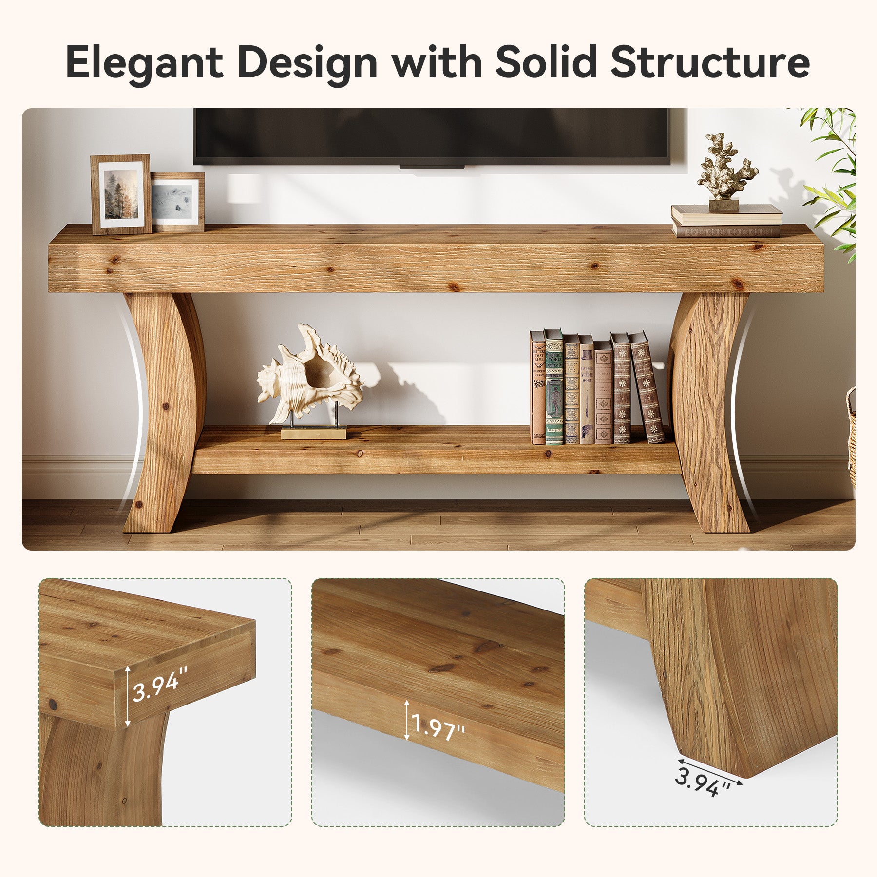 Tribesigns 63-Inch Solid Wood TV Stand with Curved Legs and 2-Tier Storage, Farmhouse Entertainment Center for Living Room and Bedroom