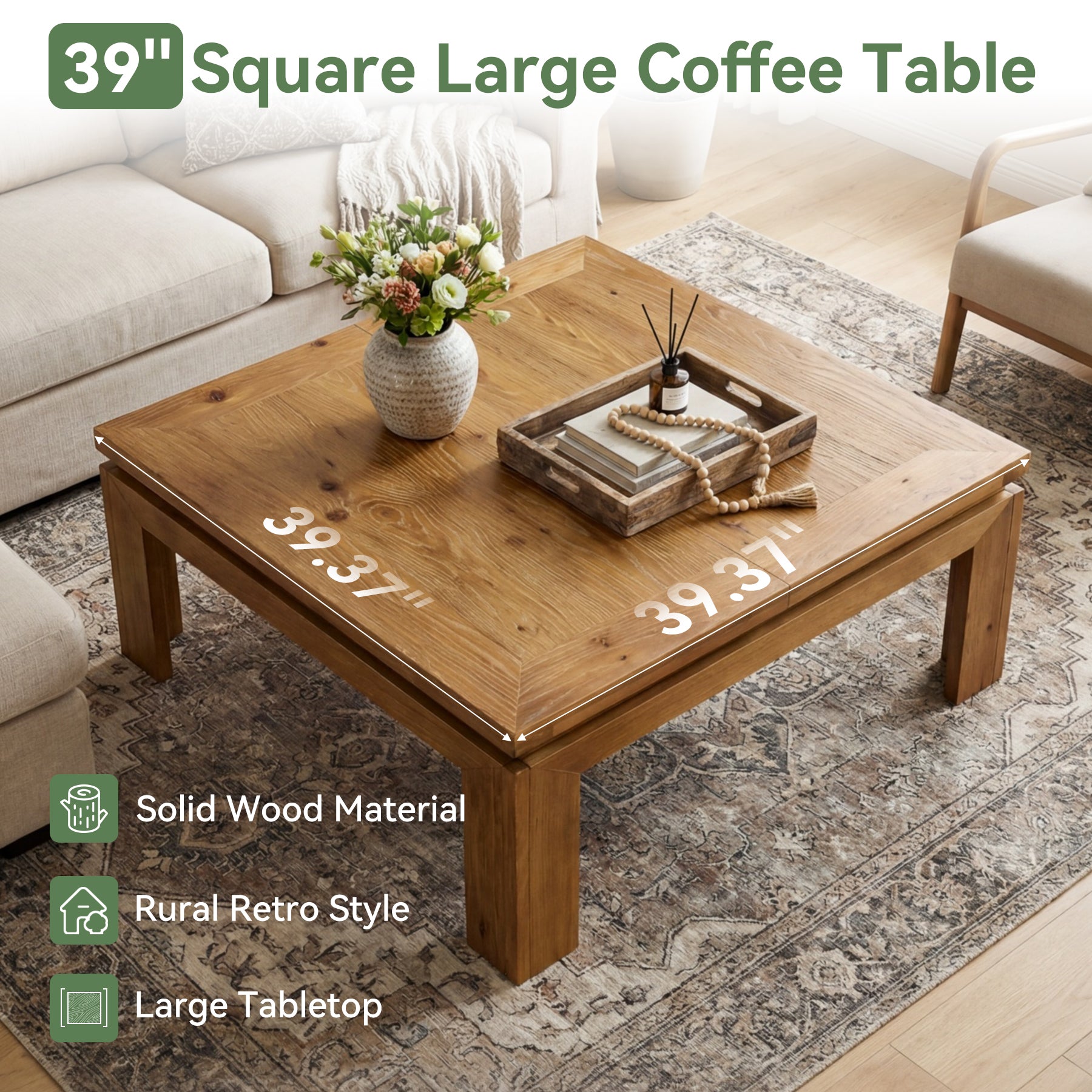 Tribesigns 39.4-Inch Solid Wood Coffee Table with Recessed Edge, Square Farmhouse Center Table for Living Room