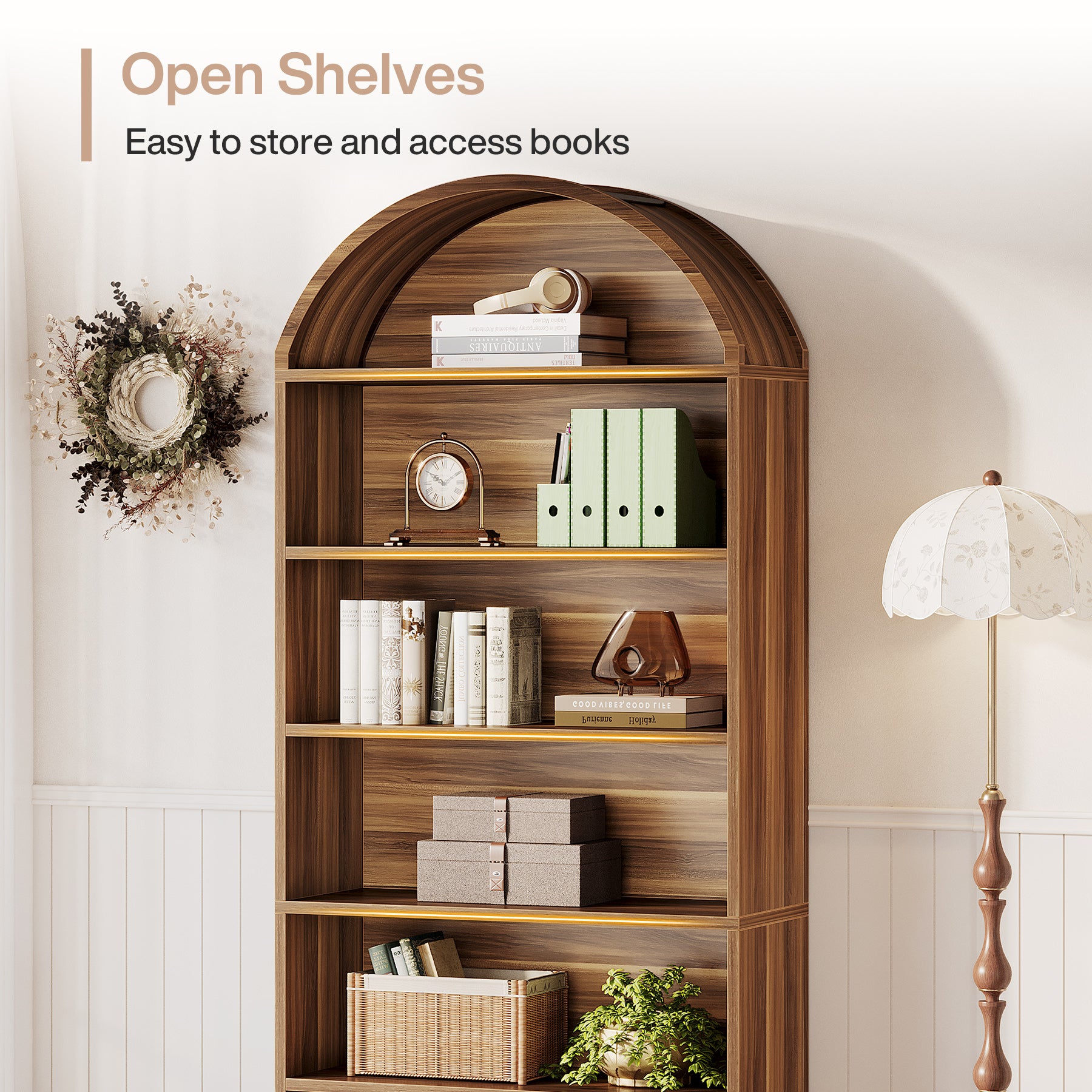 76.8-Inch Arched Bookcase with File Cabinet Drawer, 5-Tier Storage for Home Office