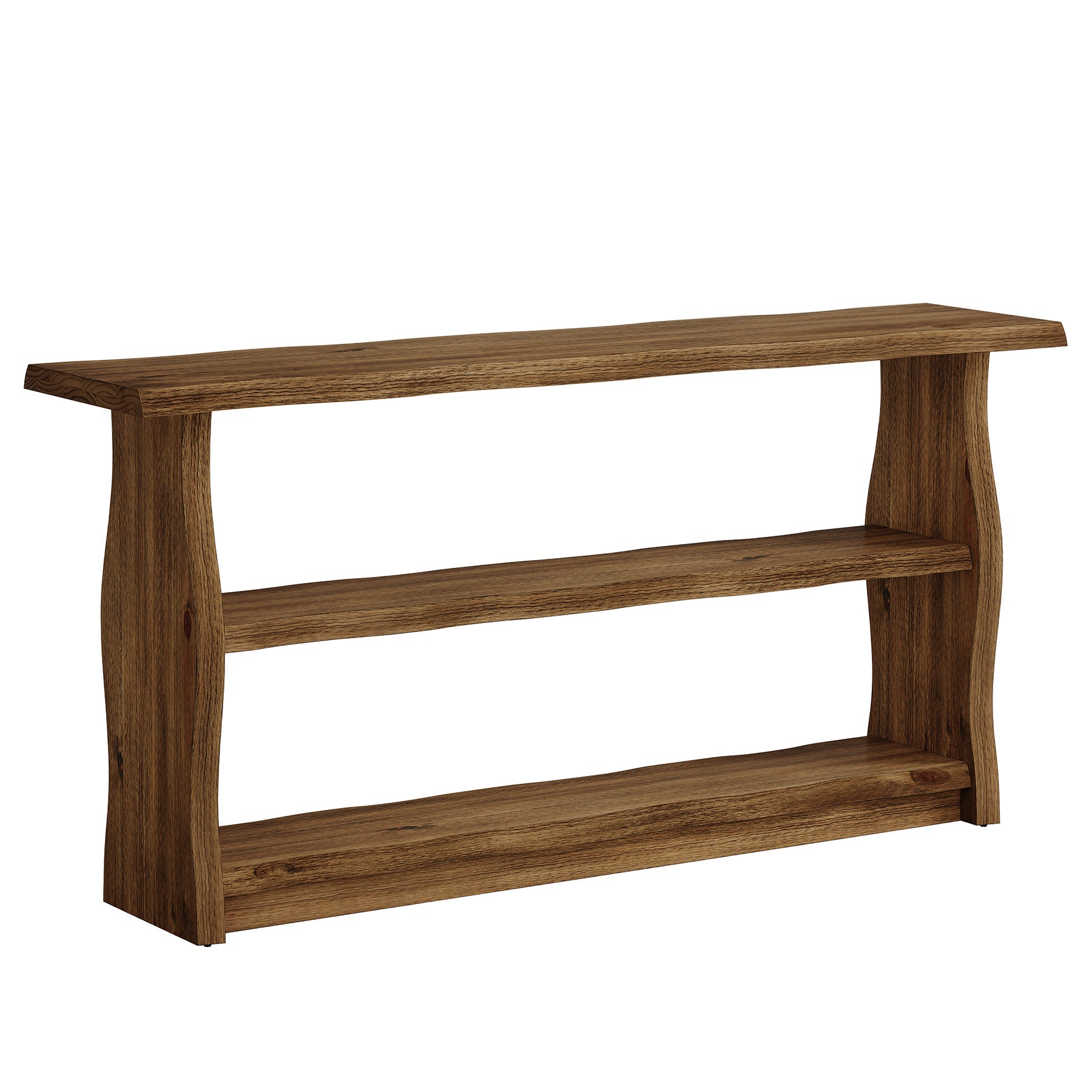 63-Inch Solid Wood Console Table with 3-Tier Open Storage, Rustic Pinewood Entryway Table for Hallway