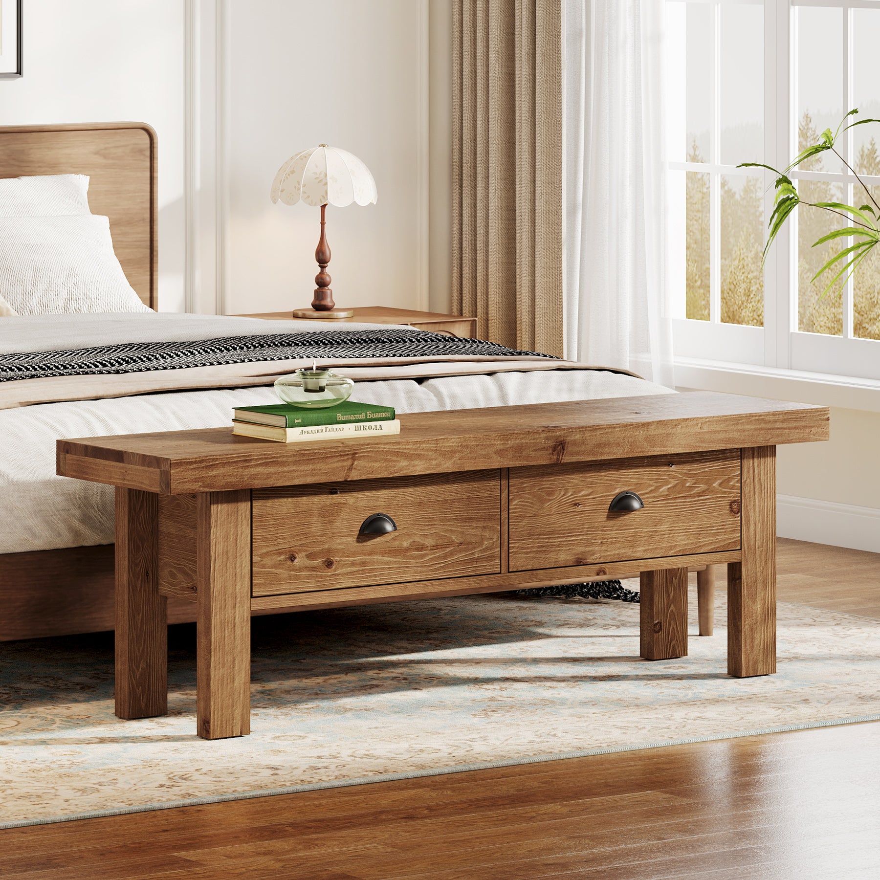 Tribesigns 55 Inch Solid Wood Storage Bench with 2 Drawers, Farmhouse Entryway Seat for Hallway
