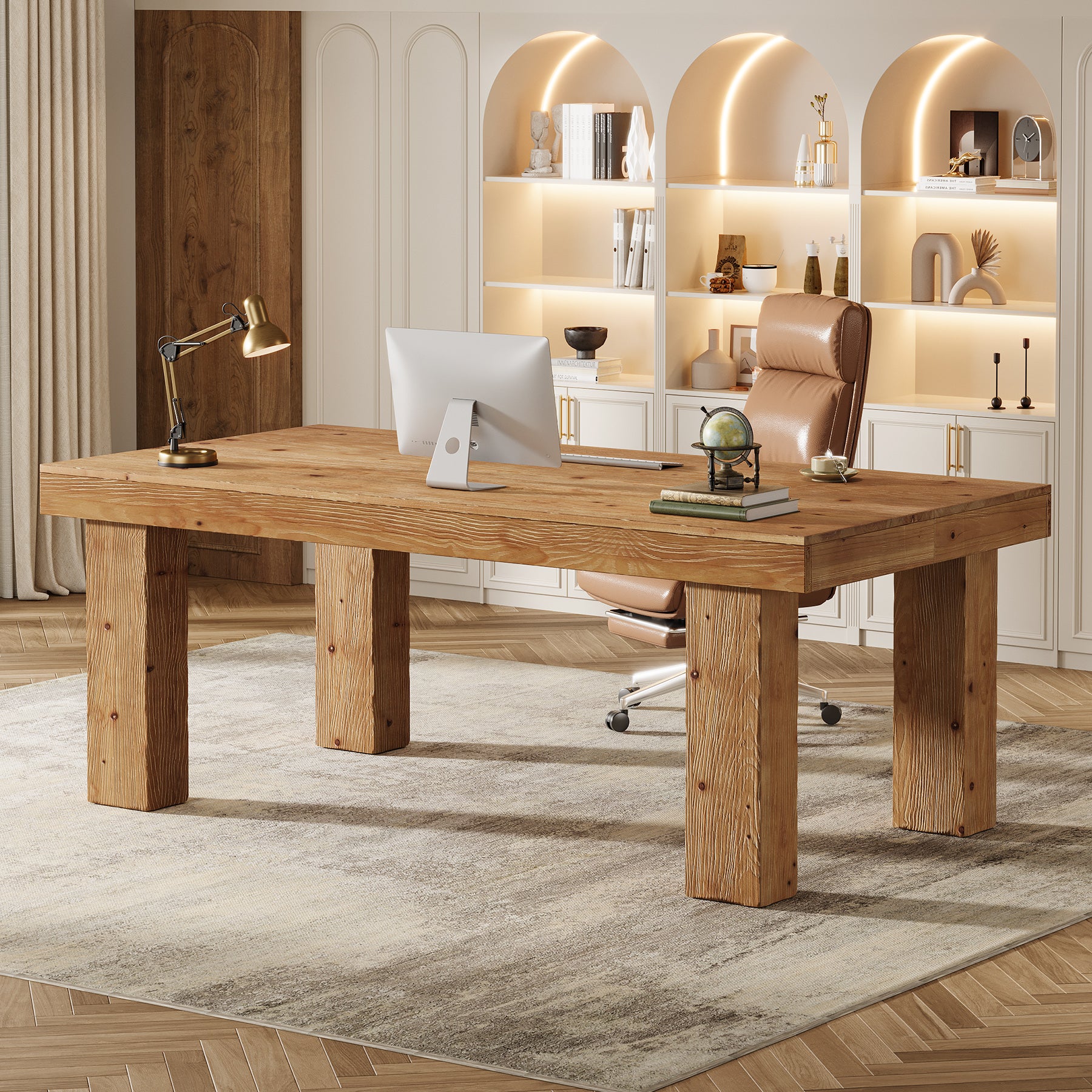 63-Inch Solid Wood Executive Desk with 3.74-Inch Thick Desktop and 350 lb Capacity, Farmhouse Computer Desk for Home Office Study and Business Workstation